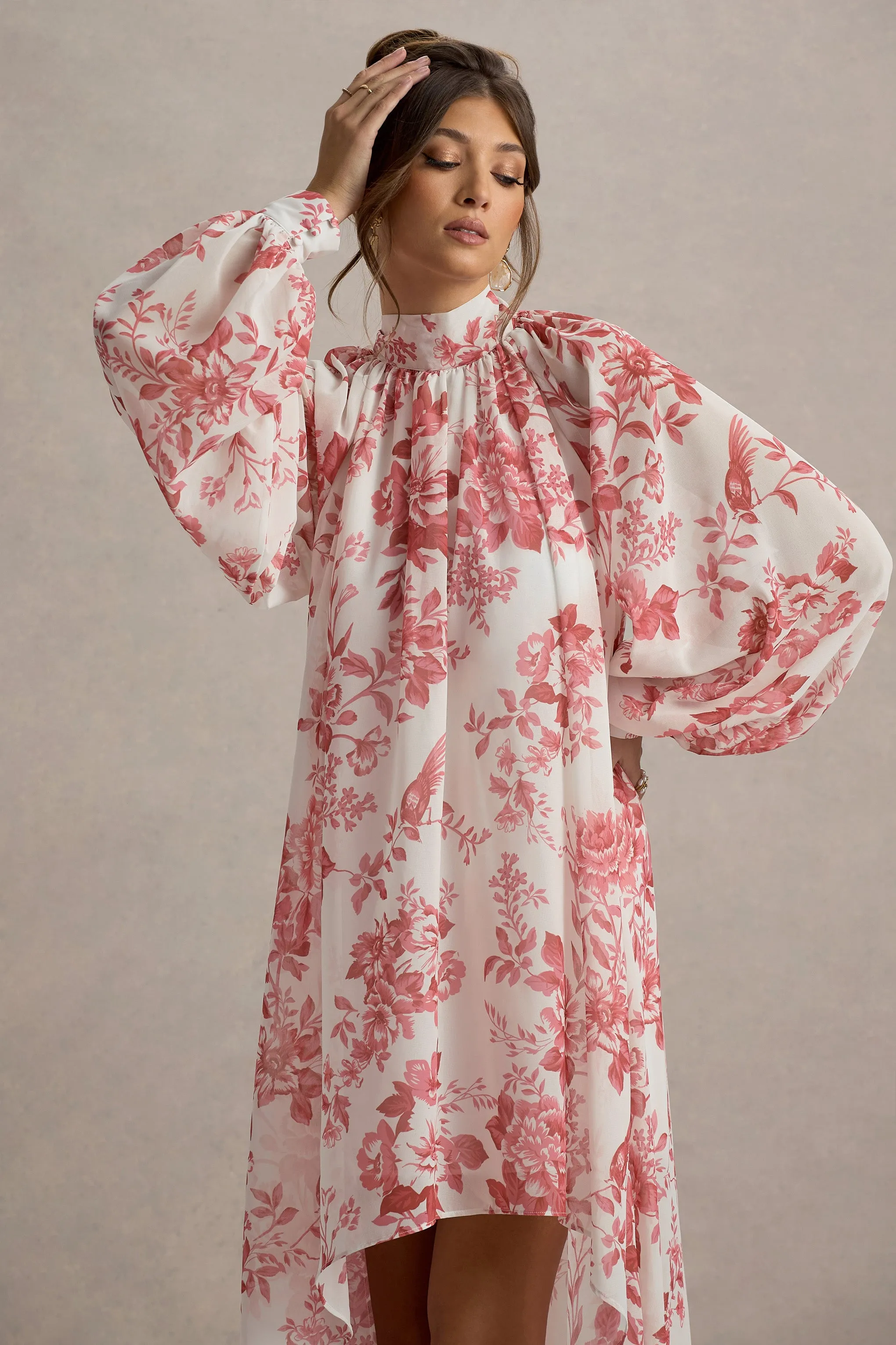 Delphia | Pink Porcelain Print High-Neck Maxi Dress With High-Low Hem Club L London
