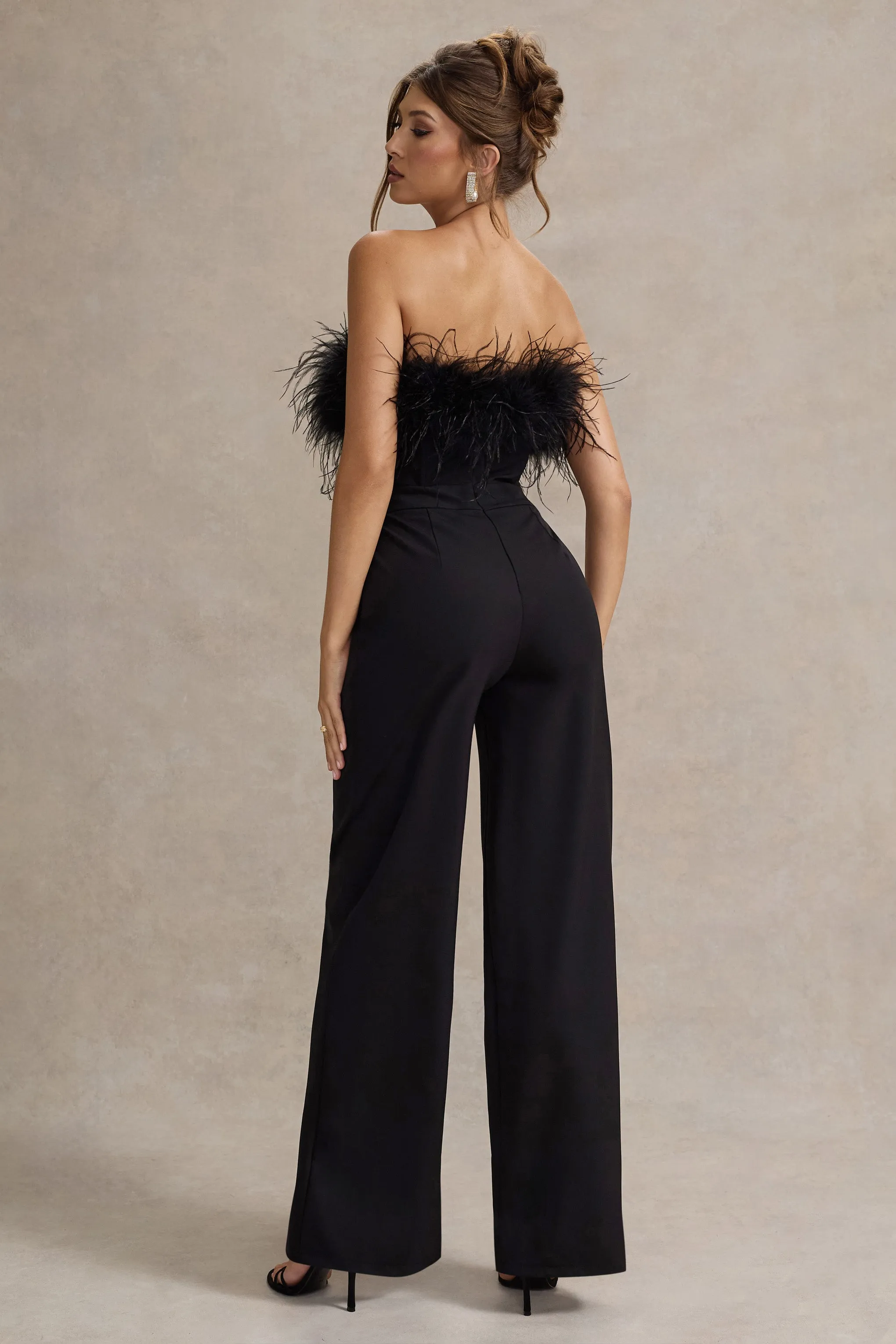Delta | Black Feather Bandeau Wide-Leg Jumpsuit Club L London