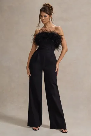 Delta | Black Feather Bandeau Wide-Leg Jumpsuit Club L London