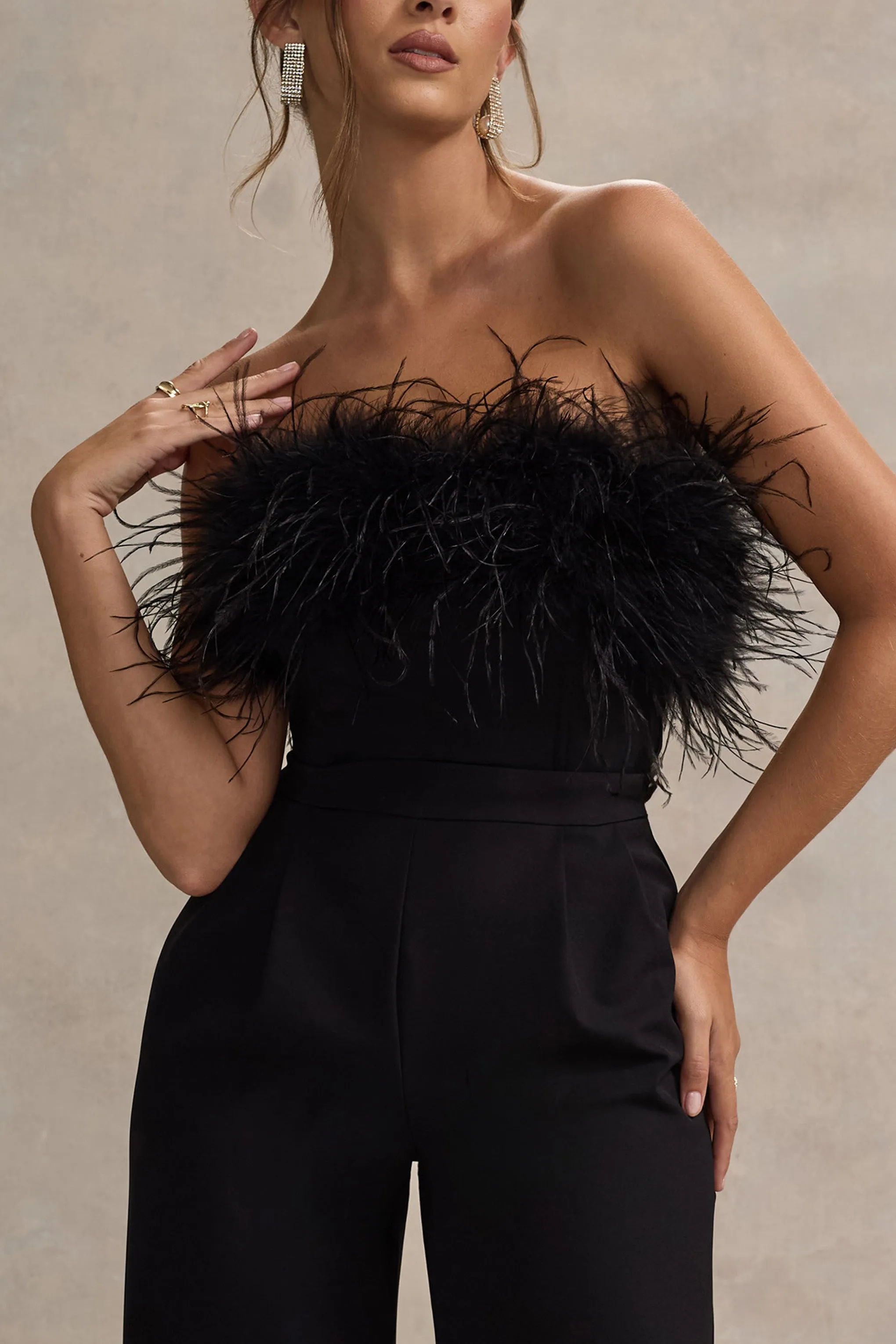 Delta | Black Feather Bandeau Wide-Leg Jumpsuit Club L London