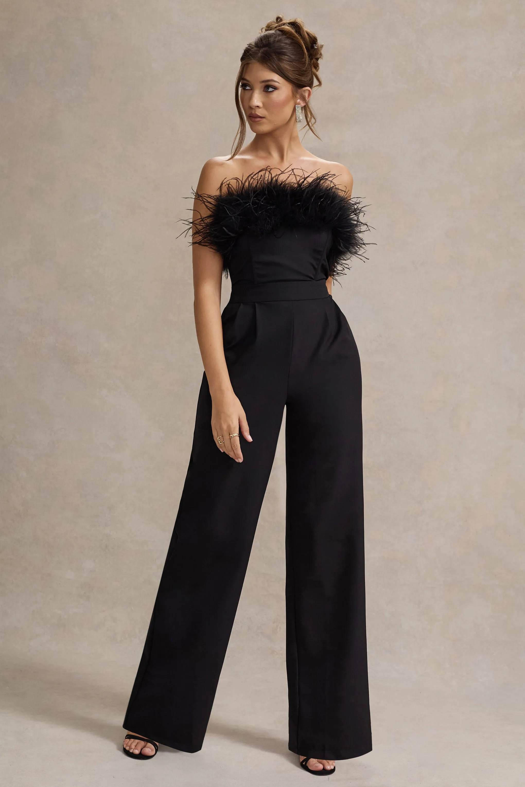 Delta | Black Feather Bandeau Wide-Leg Jumpsuit Club L London