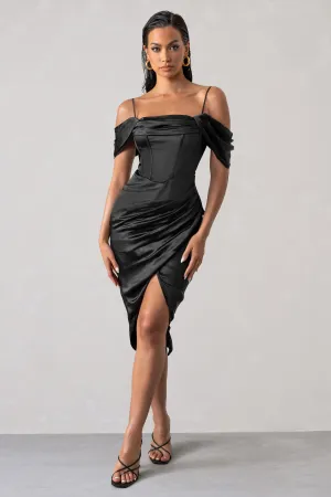 Deserving | Black Satin Bardot Sleeve Corset Wrap Midi Dress Club L London