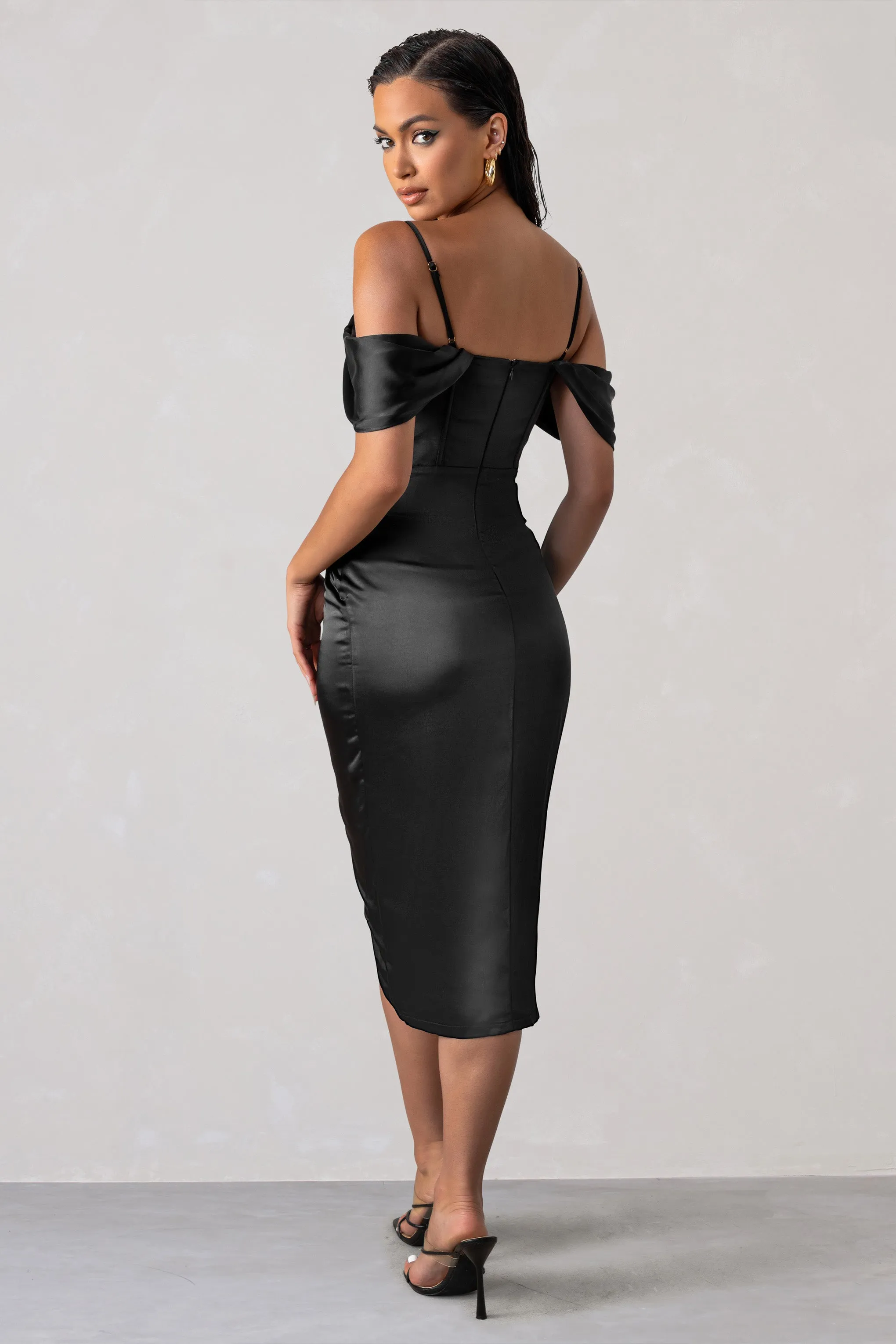 Deserving | Black Satin Bardot Sleeve Corset Wrap Midi Dress Club L London