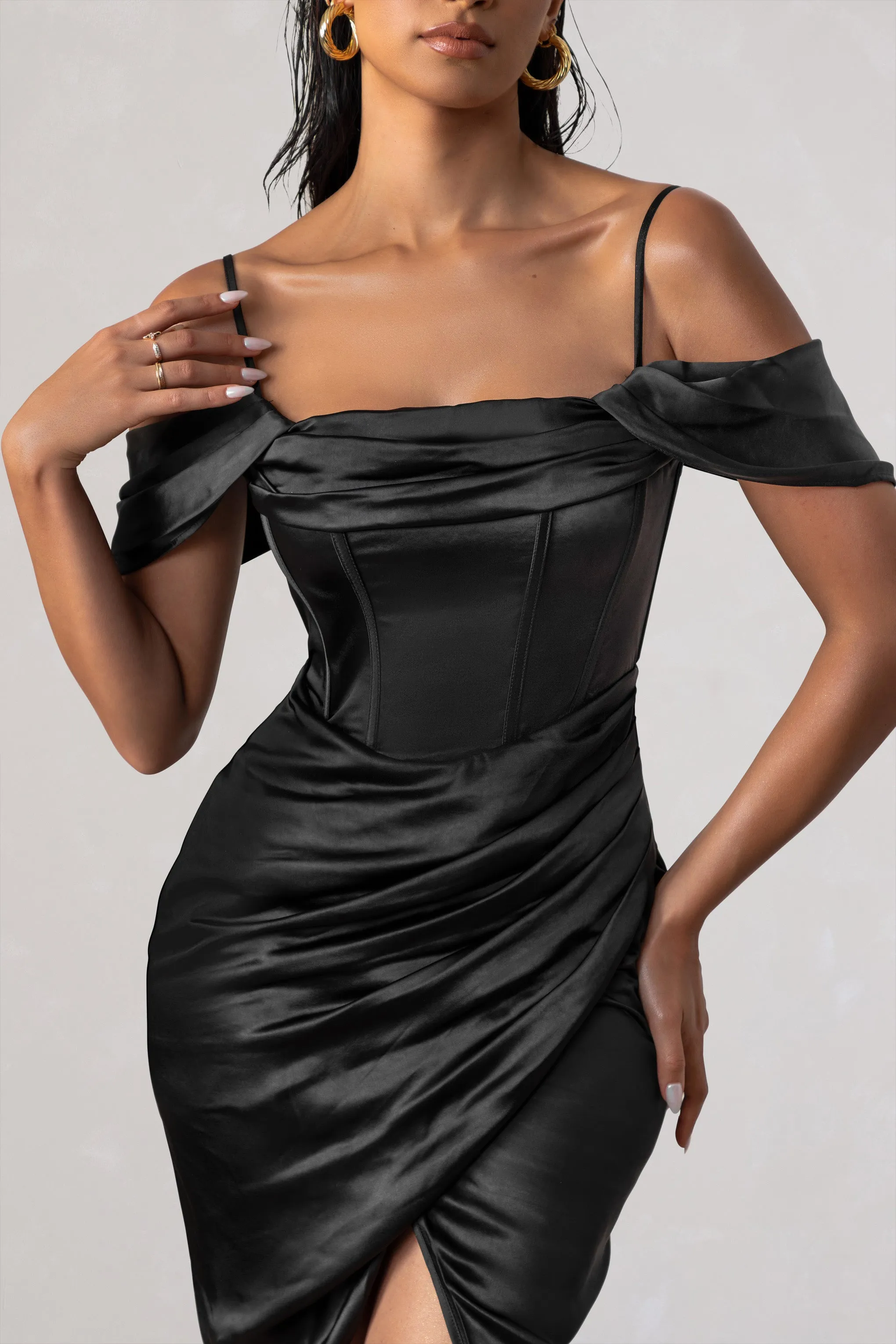 Deserving | Black Satin Bardot Sleeve Corset Wrap Midi Dress Club L London