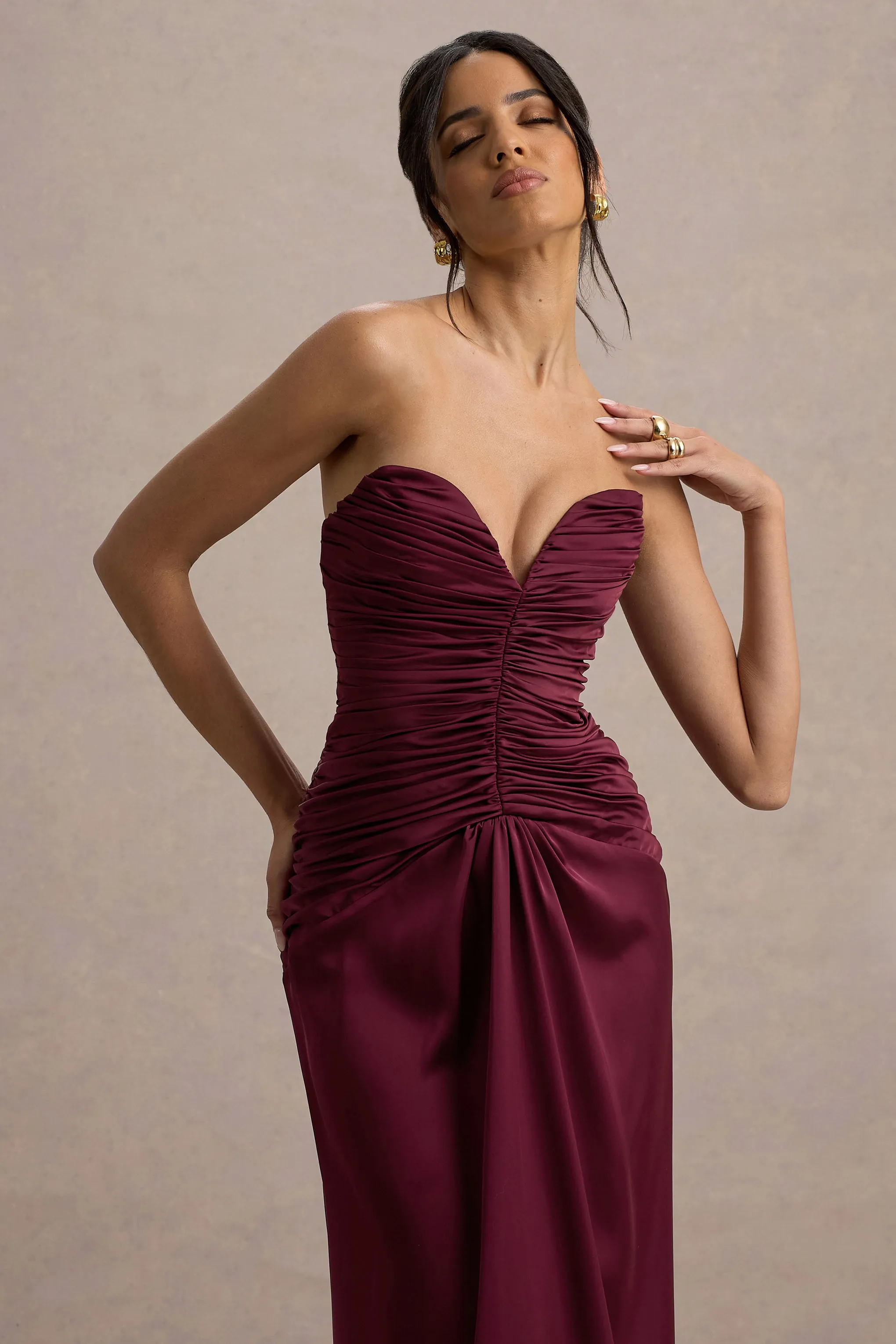 Desirie | Burgundy Satin Sweetheart Gathered Maxi Dress Club L London