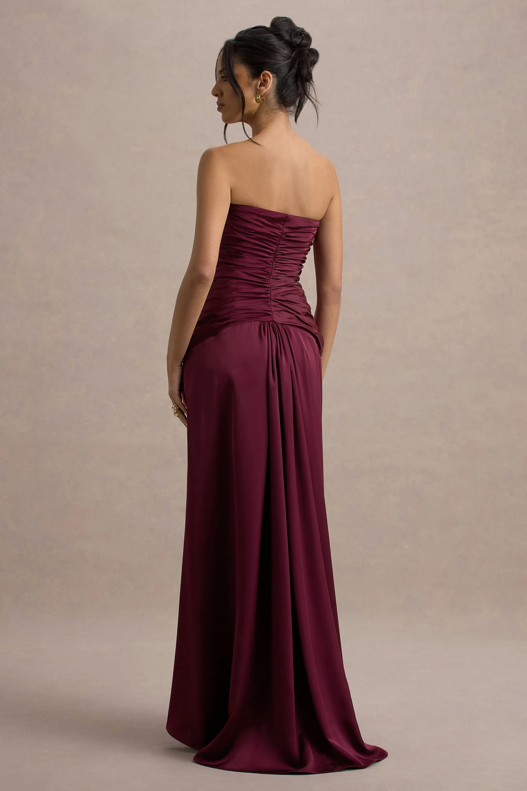 Desirie | Burgundy Satin Sweetheart Gathered Maxi Dress Club L London
