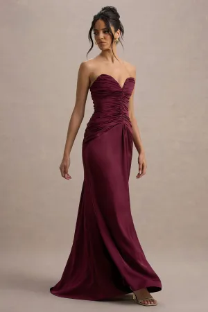 Desirie | Burgundy Satin Sweetheart Gathered Maxi Dress Club L London