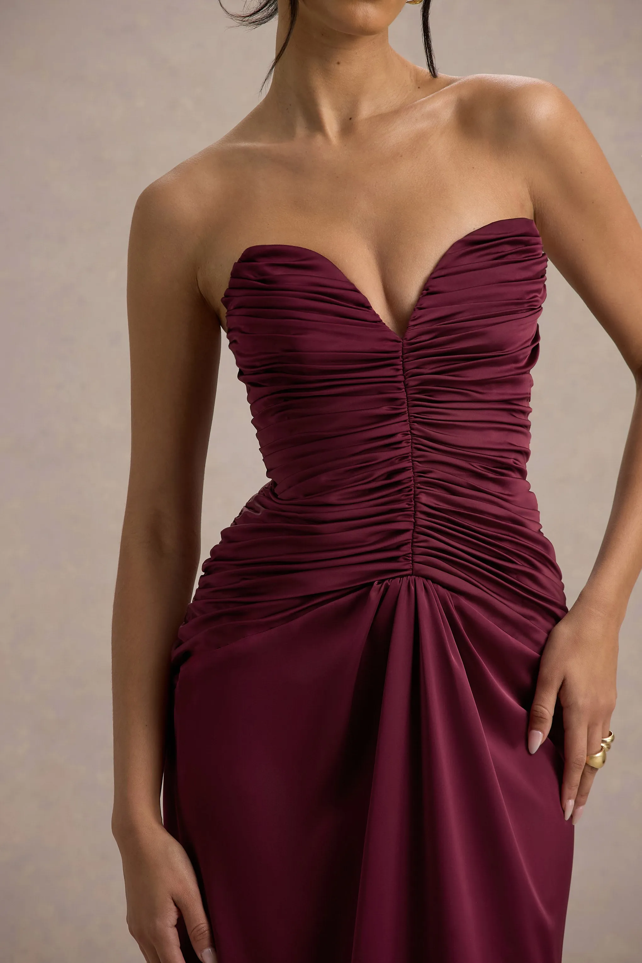Desirie | Burgundy Satin Sweetheart Gathered Maxi Dress Club L London