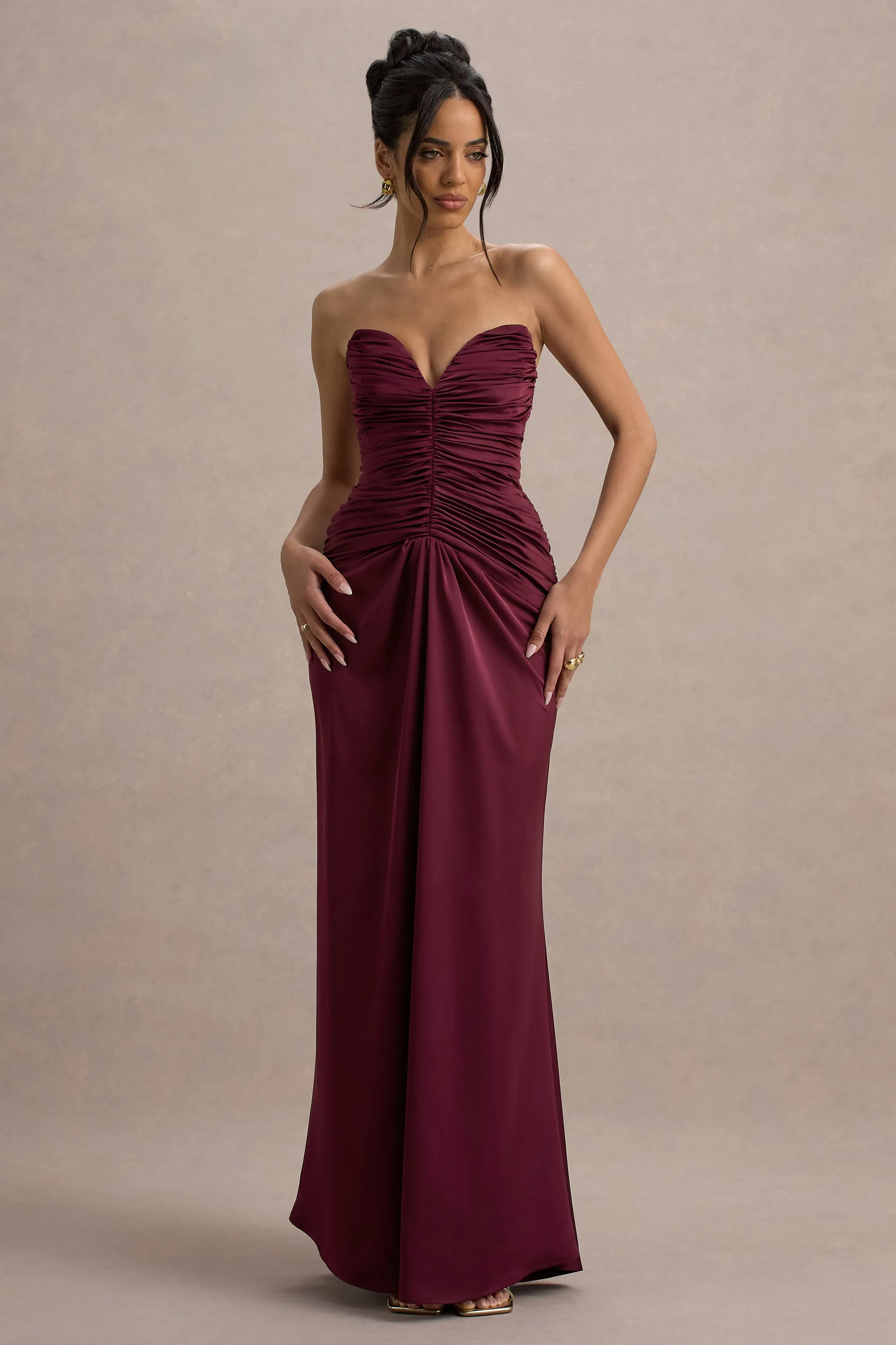 Desirie | Burgundy Satin Sweetheart Gathered Maxi Dress Club L London