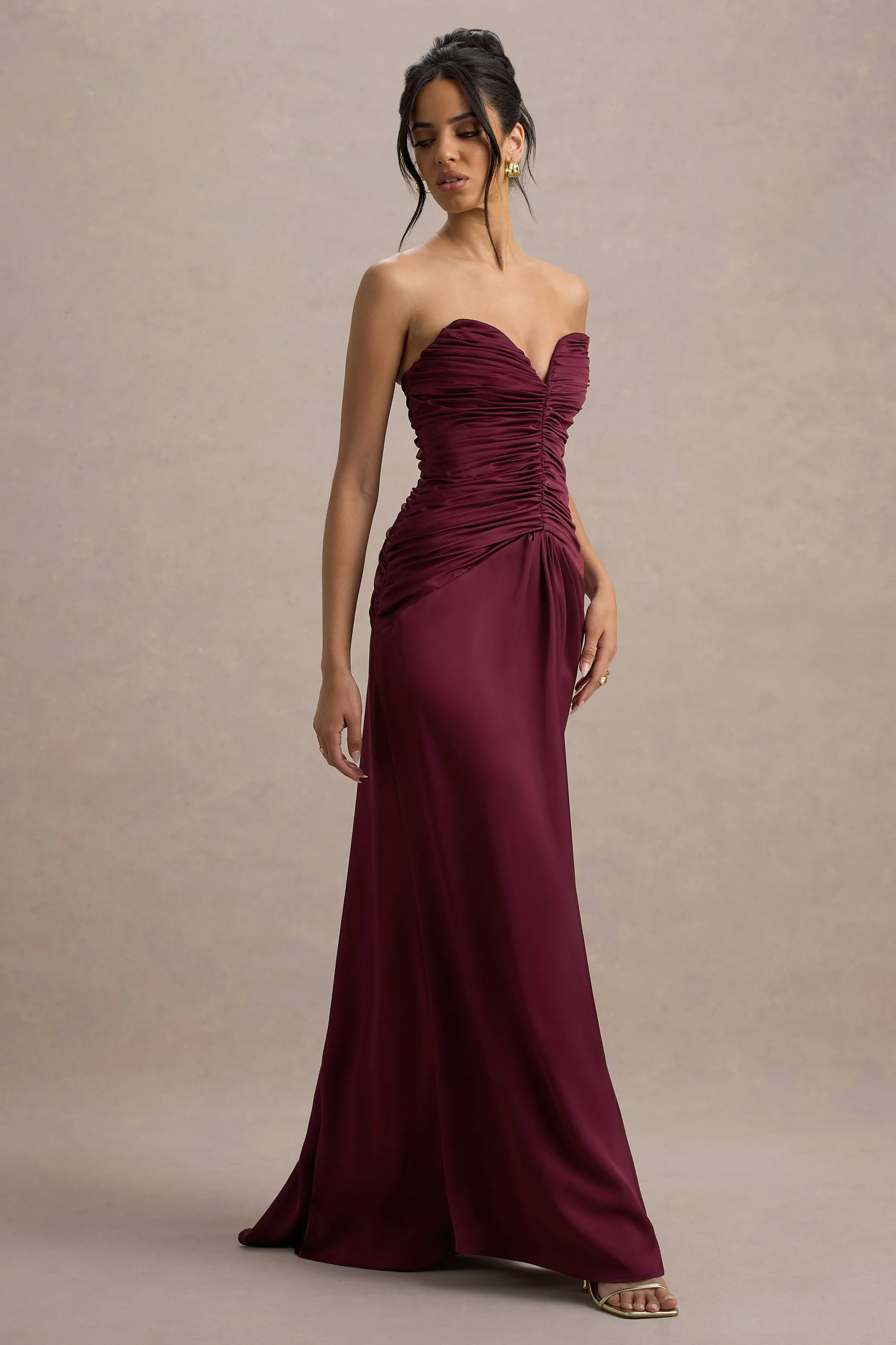 Desirie | Burgundy Satin Sweetheart Gathered Maxi Dress Club L London