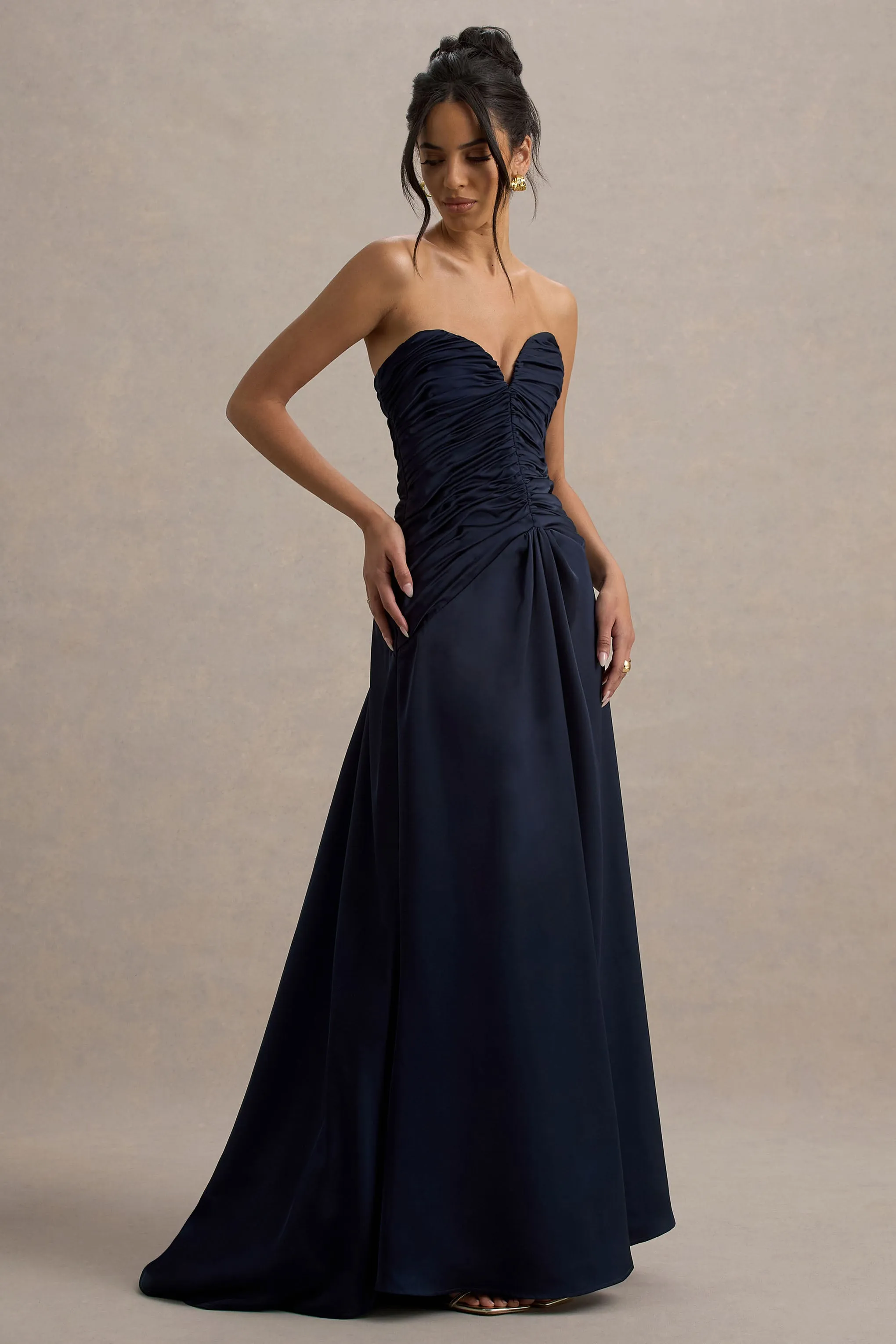 Desirie | Navy Satin Sweetheart Gathered Maxi Dress Club L London