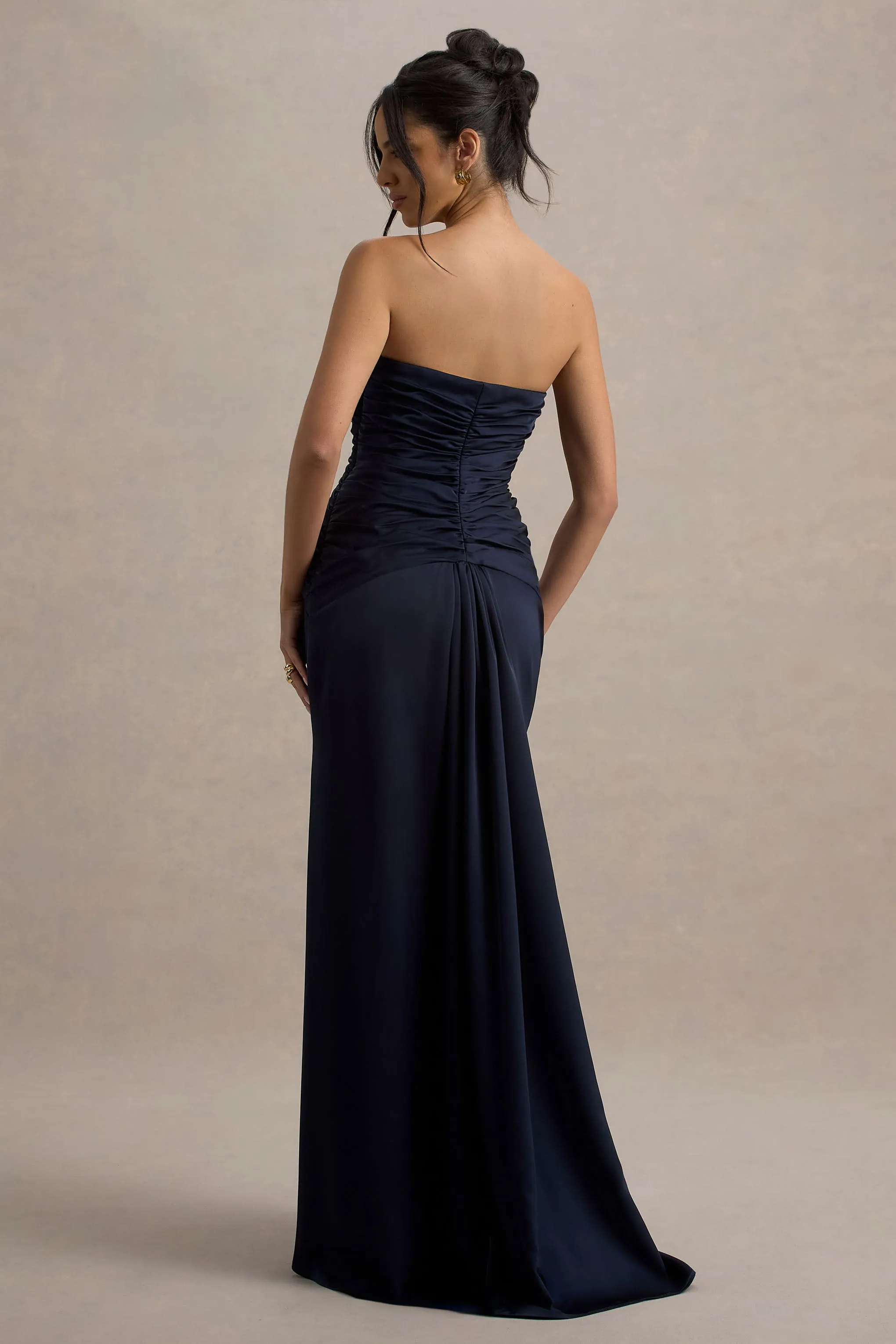 Desirie | Navy Satin Sweetheart Gathered Maxi Dress Club L London
