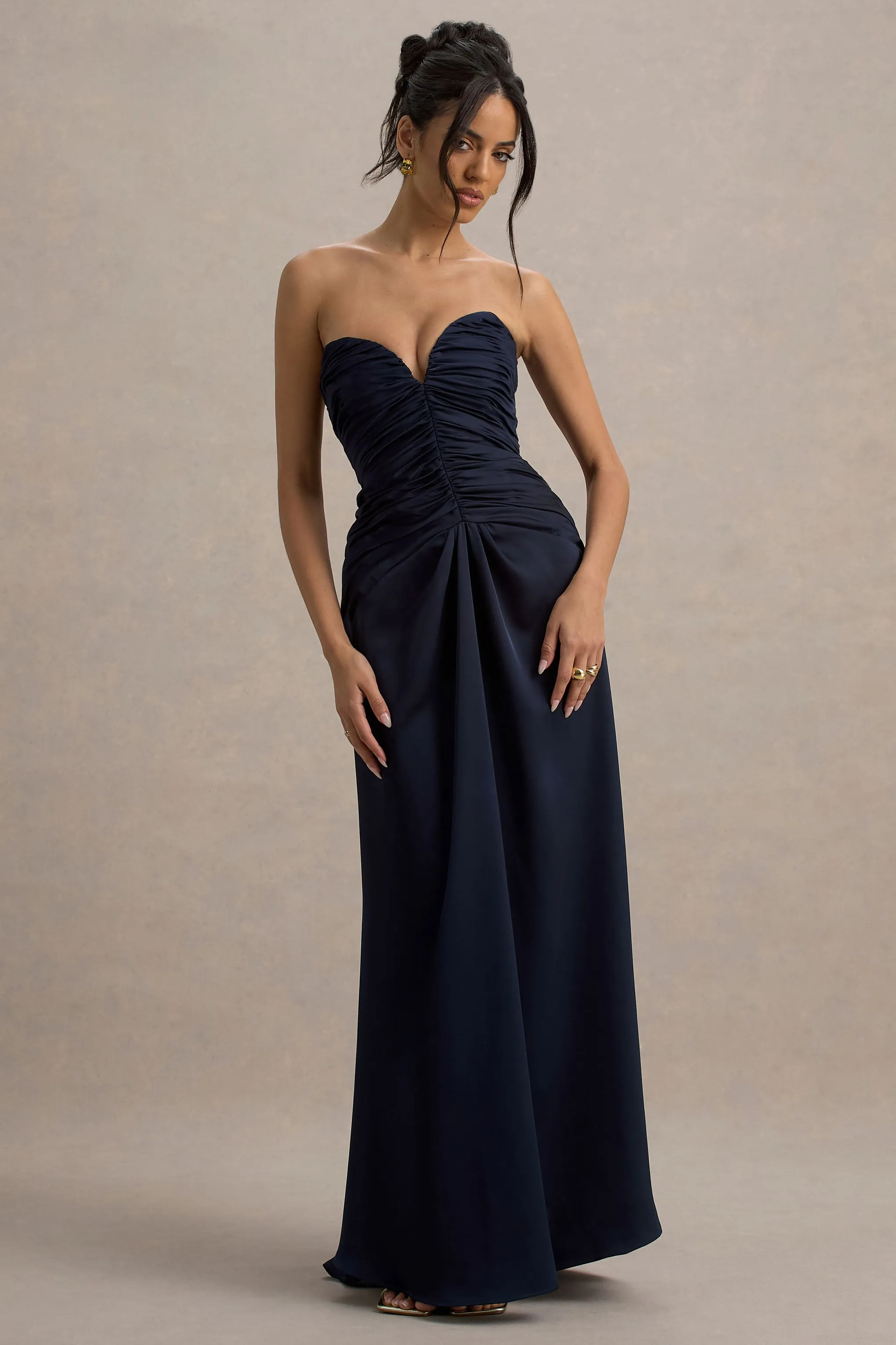 Desirie | Navy Satin Sweetheart Gathered Maxi Dress Club L London