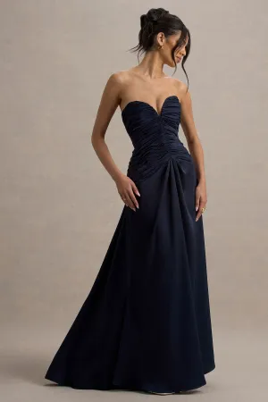 Desirie | Navy Satin Sweetheart Gathered Maxi Dress Club L London