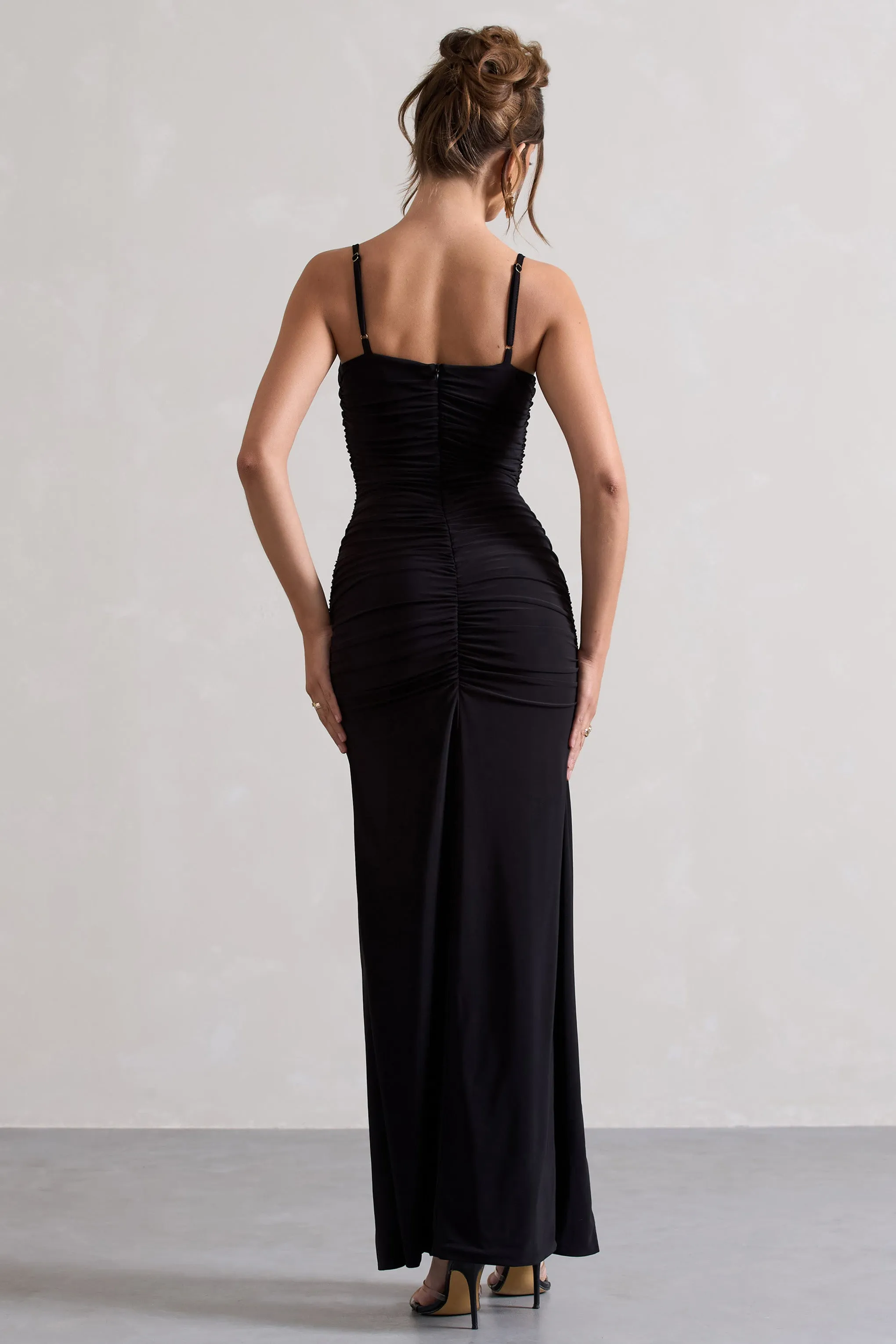 Devon | Black Ruched Strappy Maxi Dress With Splits Club L London