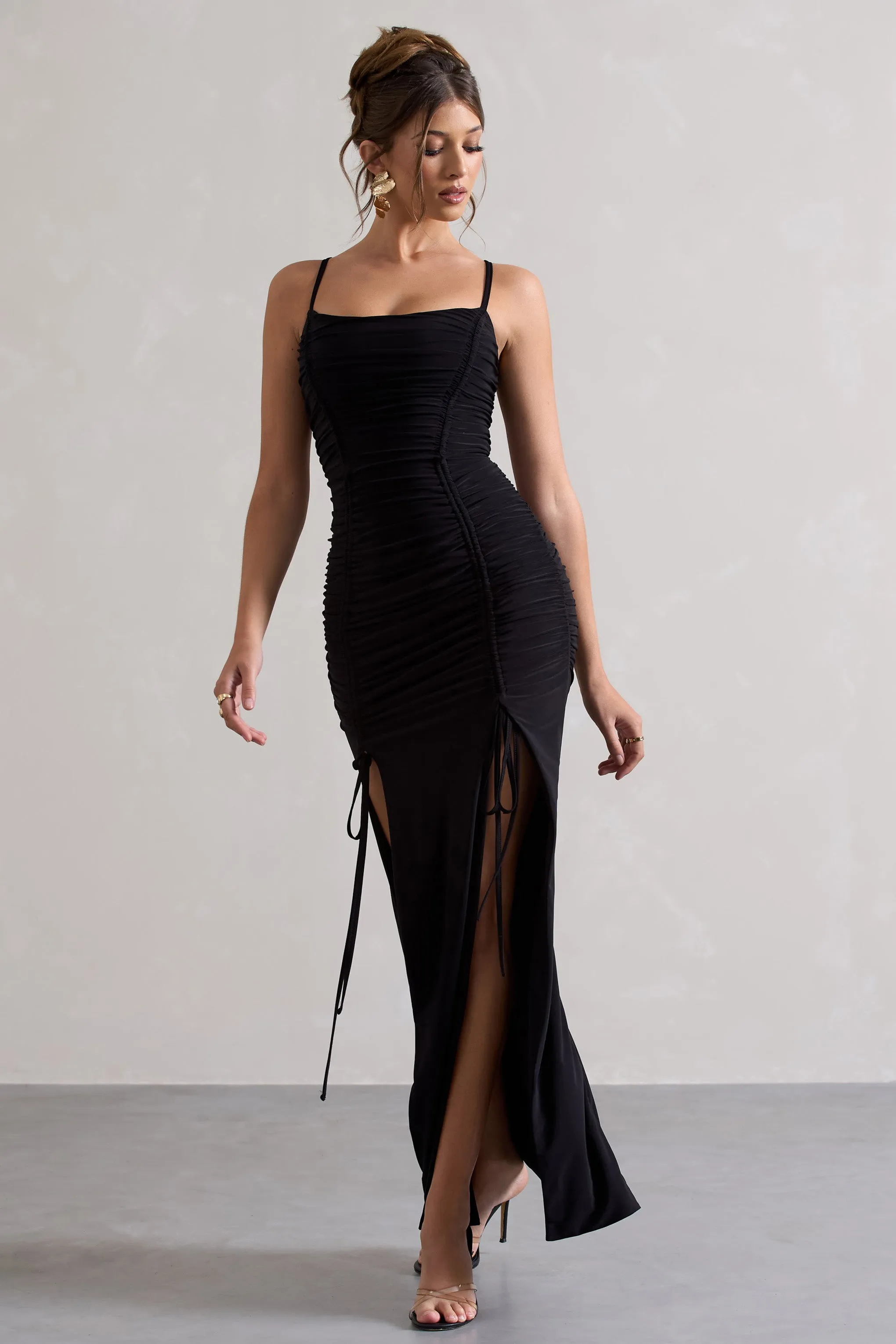 Devon | Black Ruched Strappy Maxi Dress With Splits Club L London