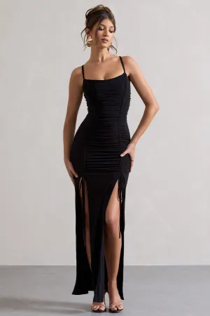 Devon | Black Ruched Strappy Maxi Dress With Splits Club L London