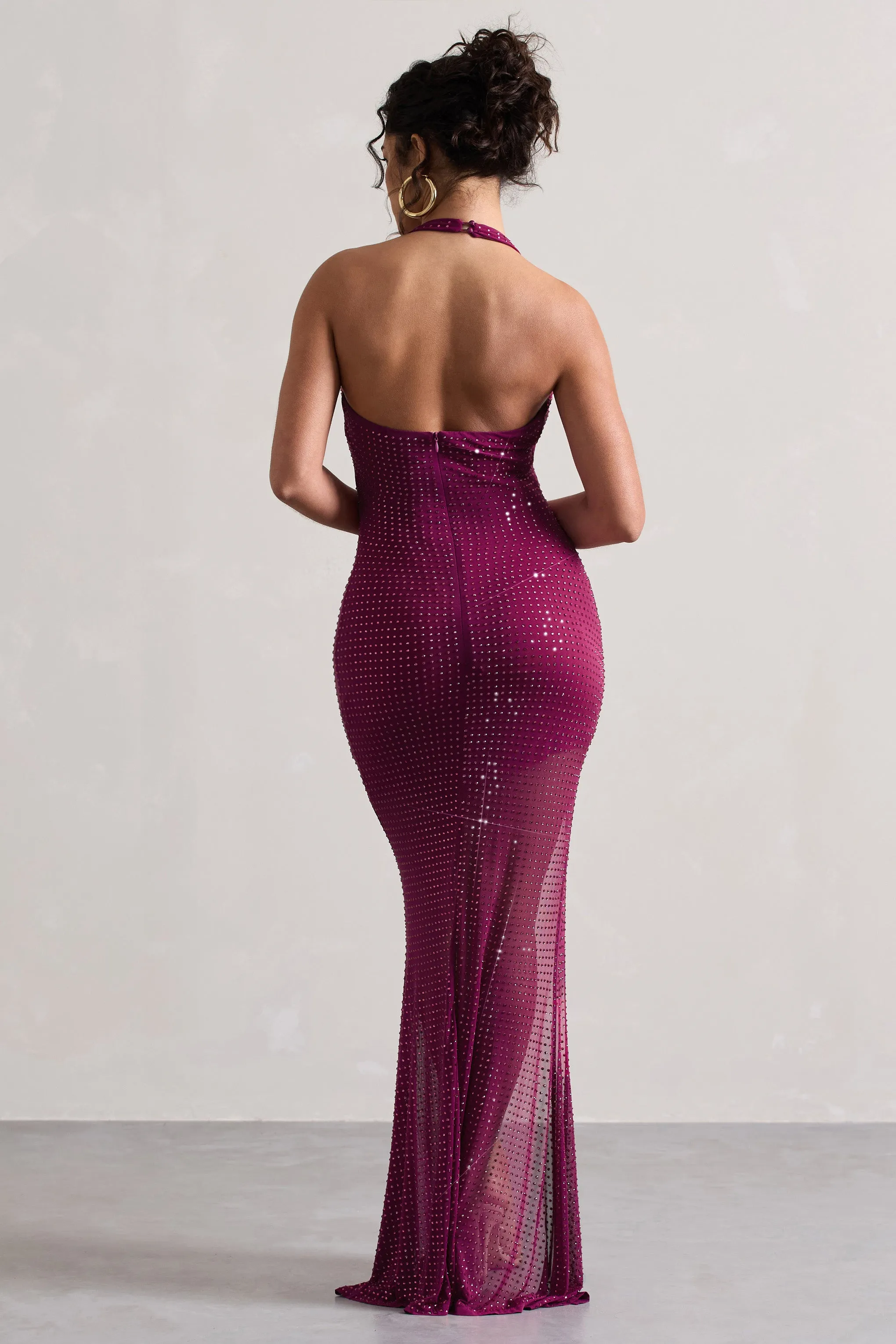 Diaz | Dark Pink Embellished Cowl-Neck Split Maxi Dress Club L London