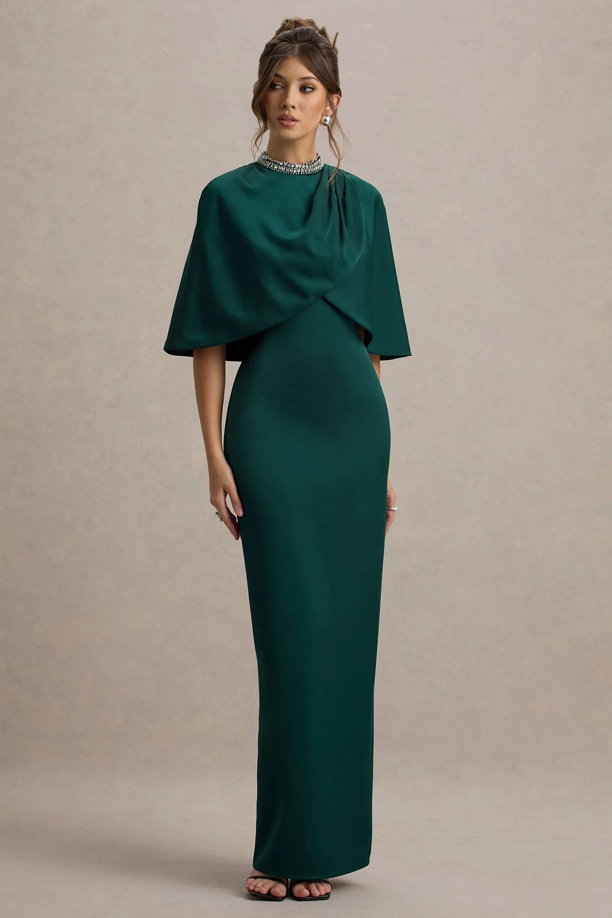 Diletta | Bottle Green Cape Maxi Dress Club L London
