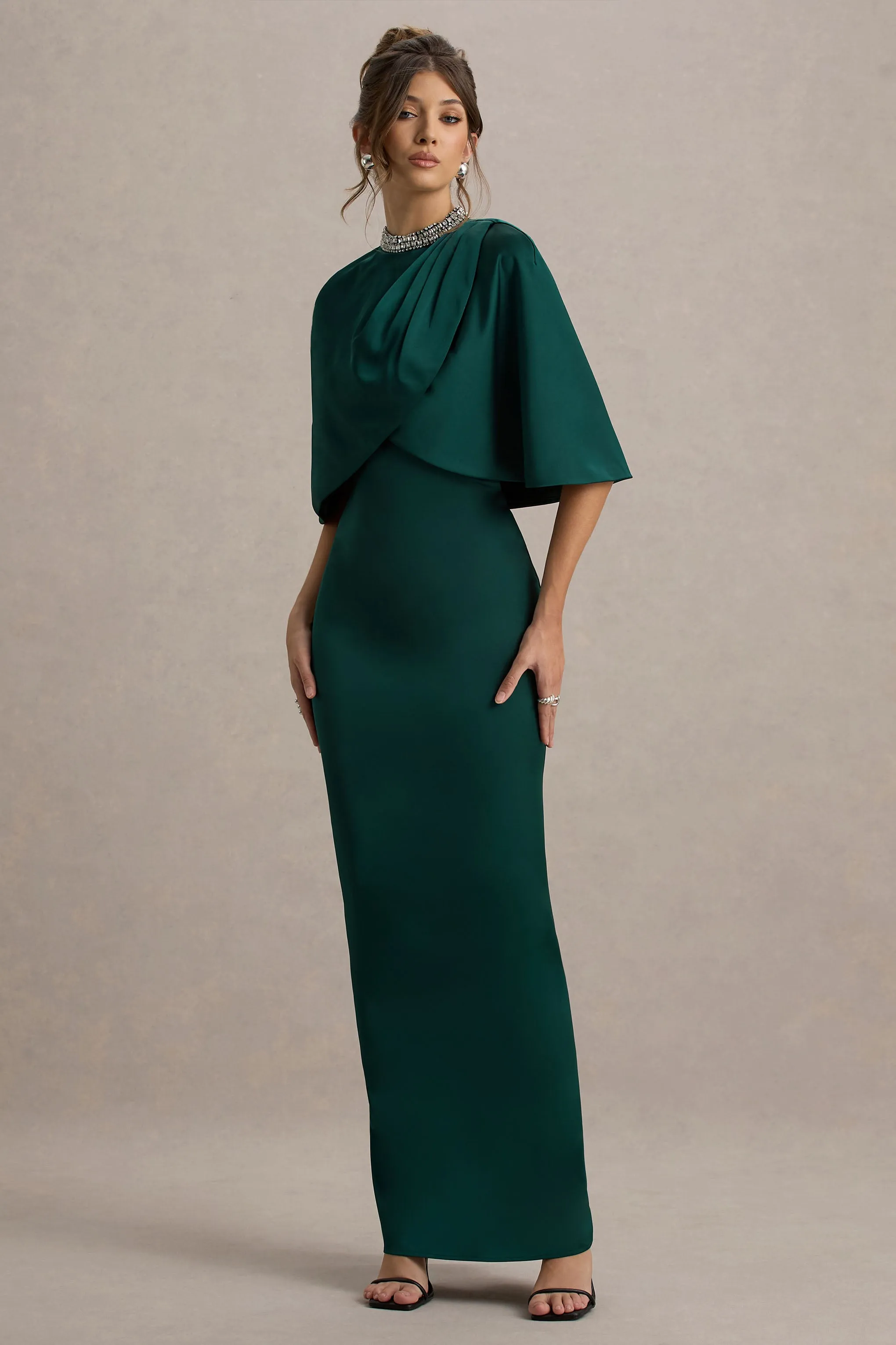 Diletta | Bottle Green Cape Maxi Dress Club L London