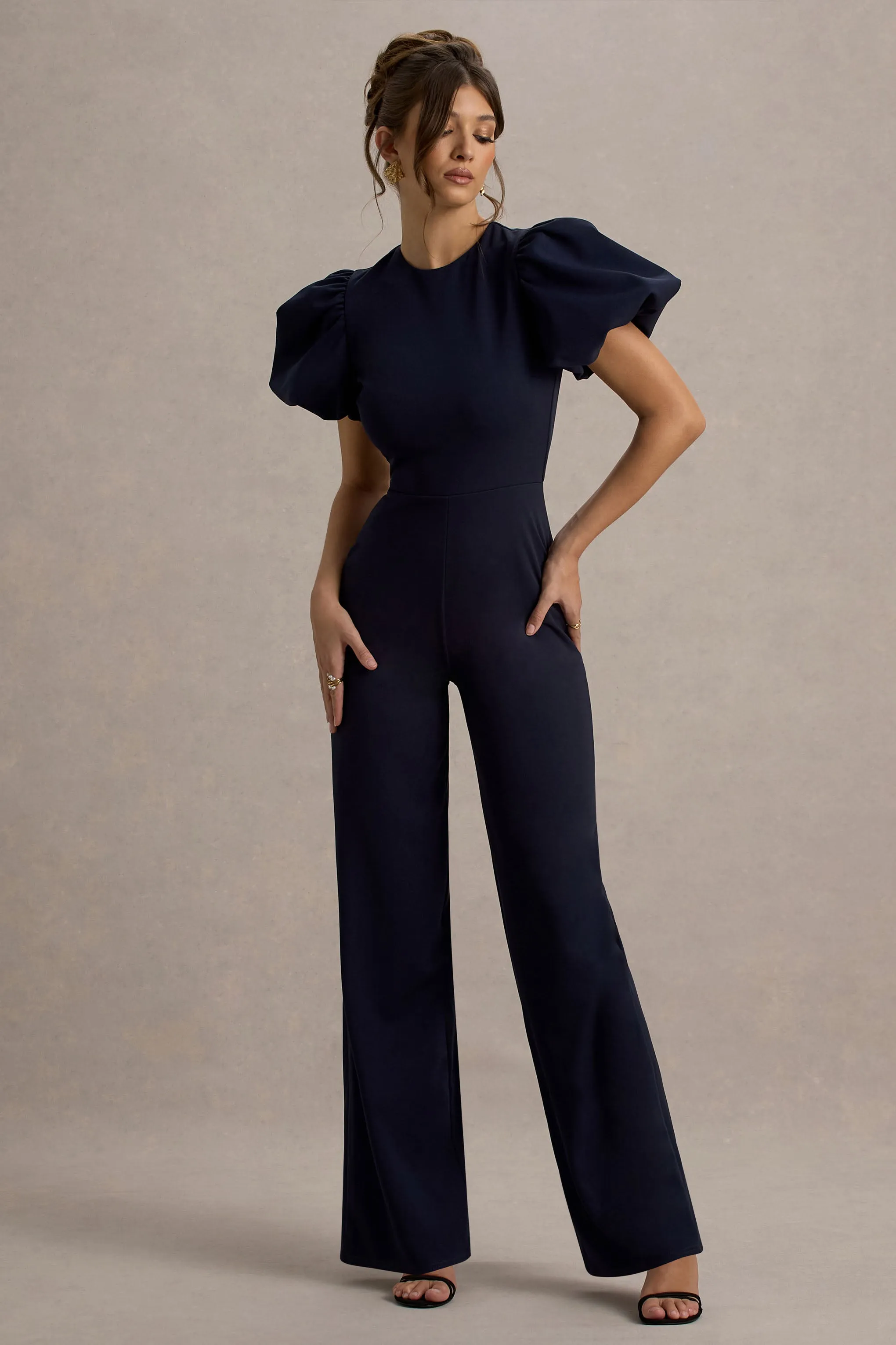 Dillon | Navy Puff-Sleeve Straight-Leg Jumpsuit Club L London