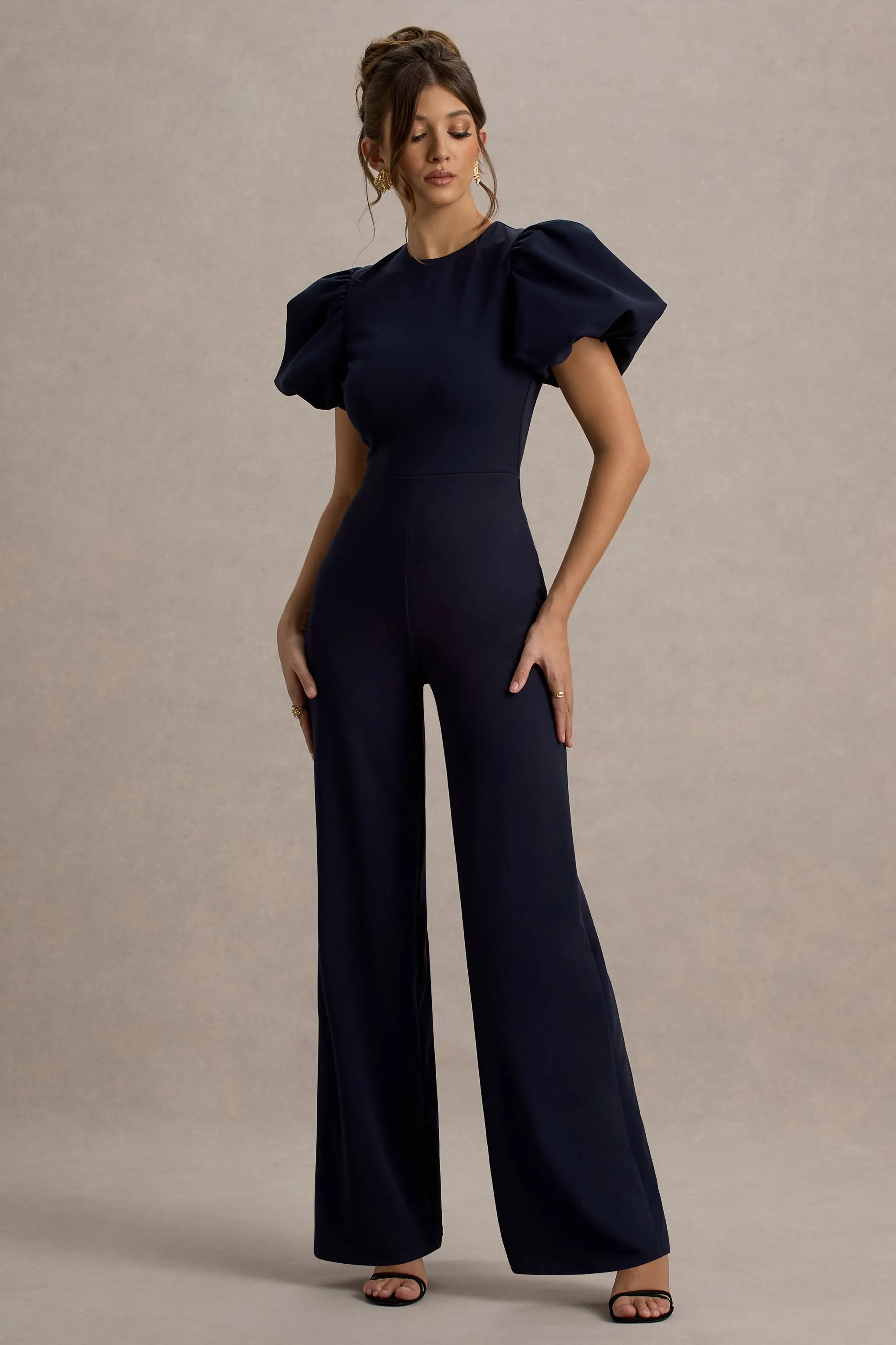 Dillon | Navy Puff-Sleeve Straight-Leg Jumpsuit Club L London