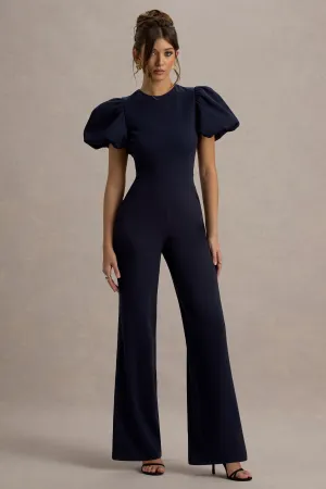 Dillon | Navy Puff-Sleeve Straight-Leg Jumpsuit Club L London