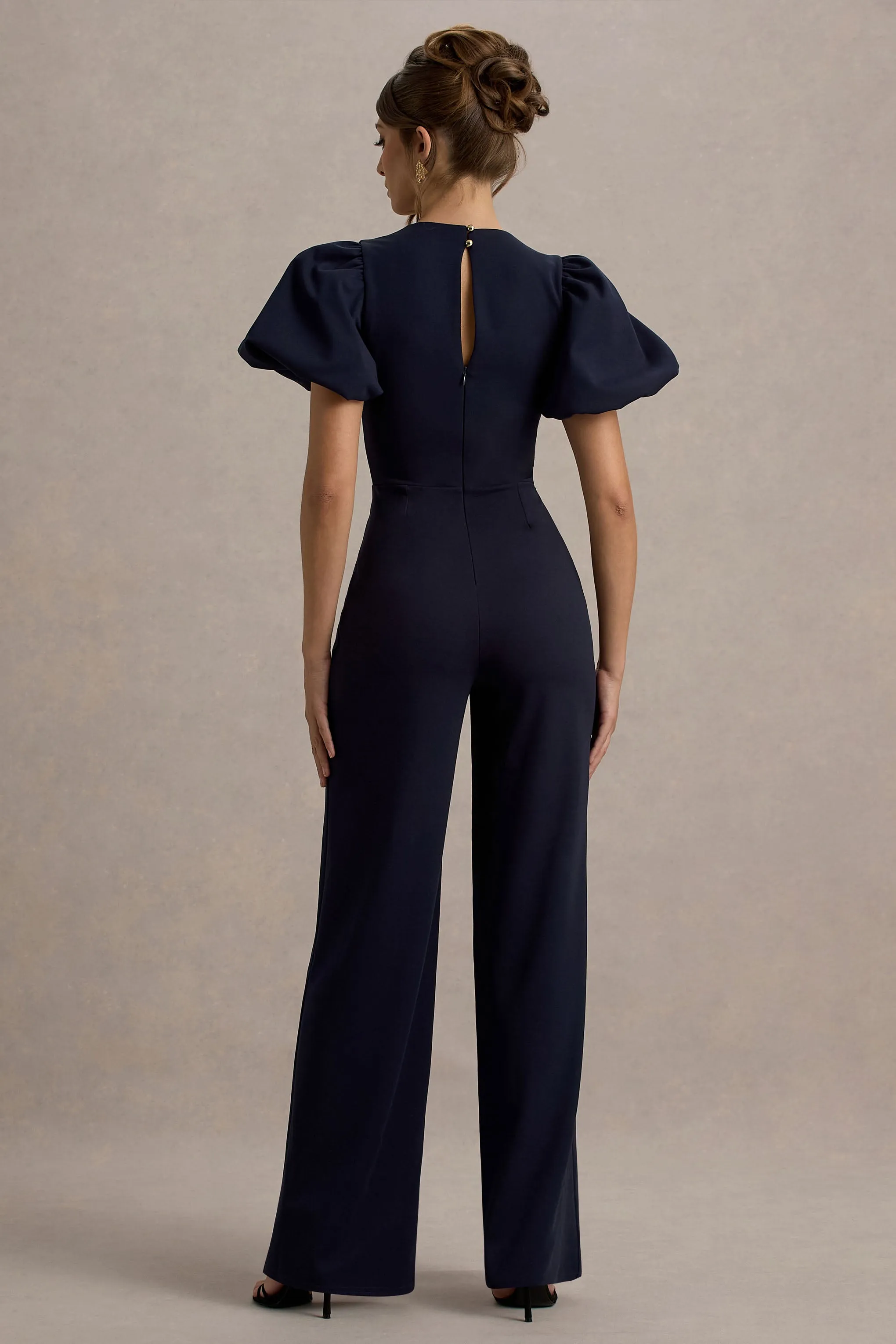 Dillon | Navy Puff-Sleeve Straight-Leg Jumpsuit Club L London