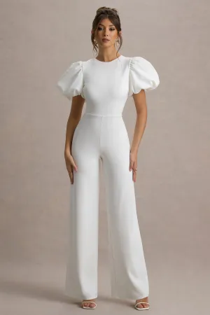 Dillon | White Puff-Sleeve Straight-Leg Jumpsuit Club L London