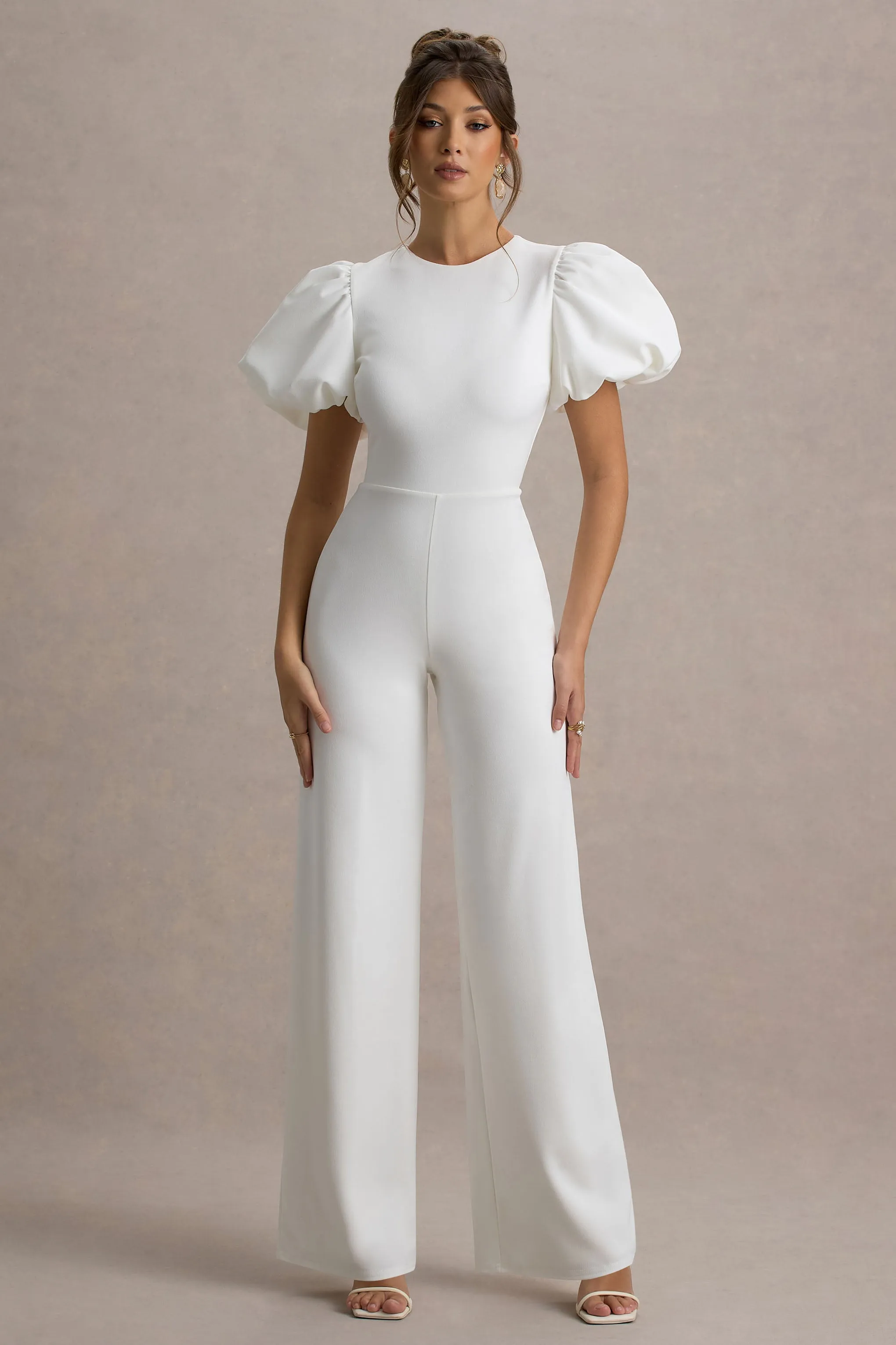 Dillon | White Puff-Sleeve Straight-Leg Jumpsuit Club L London