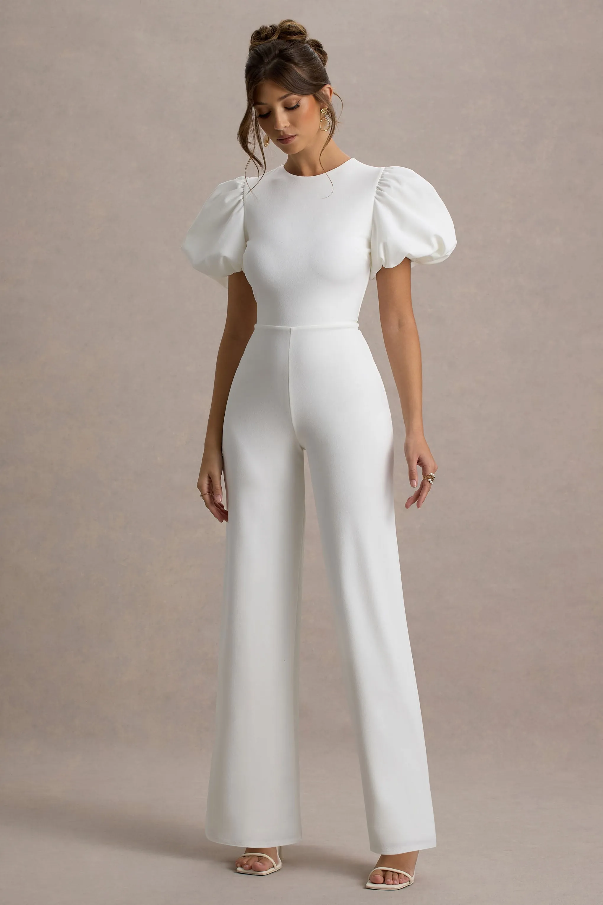 Dillon | White Puff-Sleeve Straight-Leg Jumpsuit Club L London