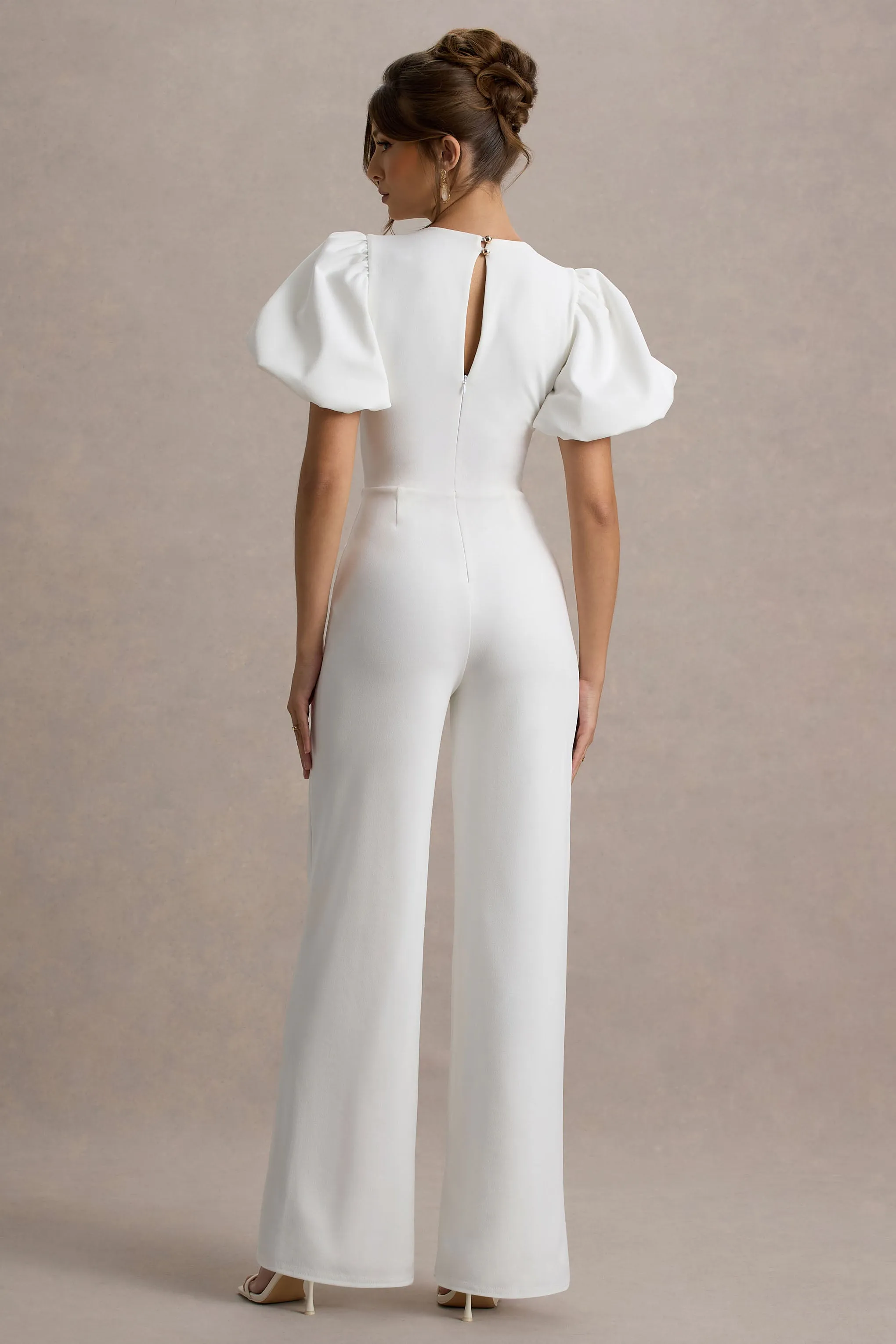 Dillon | White Puff-Sleeve Straight-Leg Jumpsuit Club L London