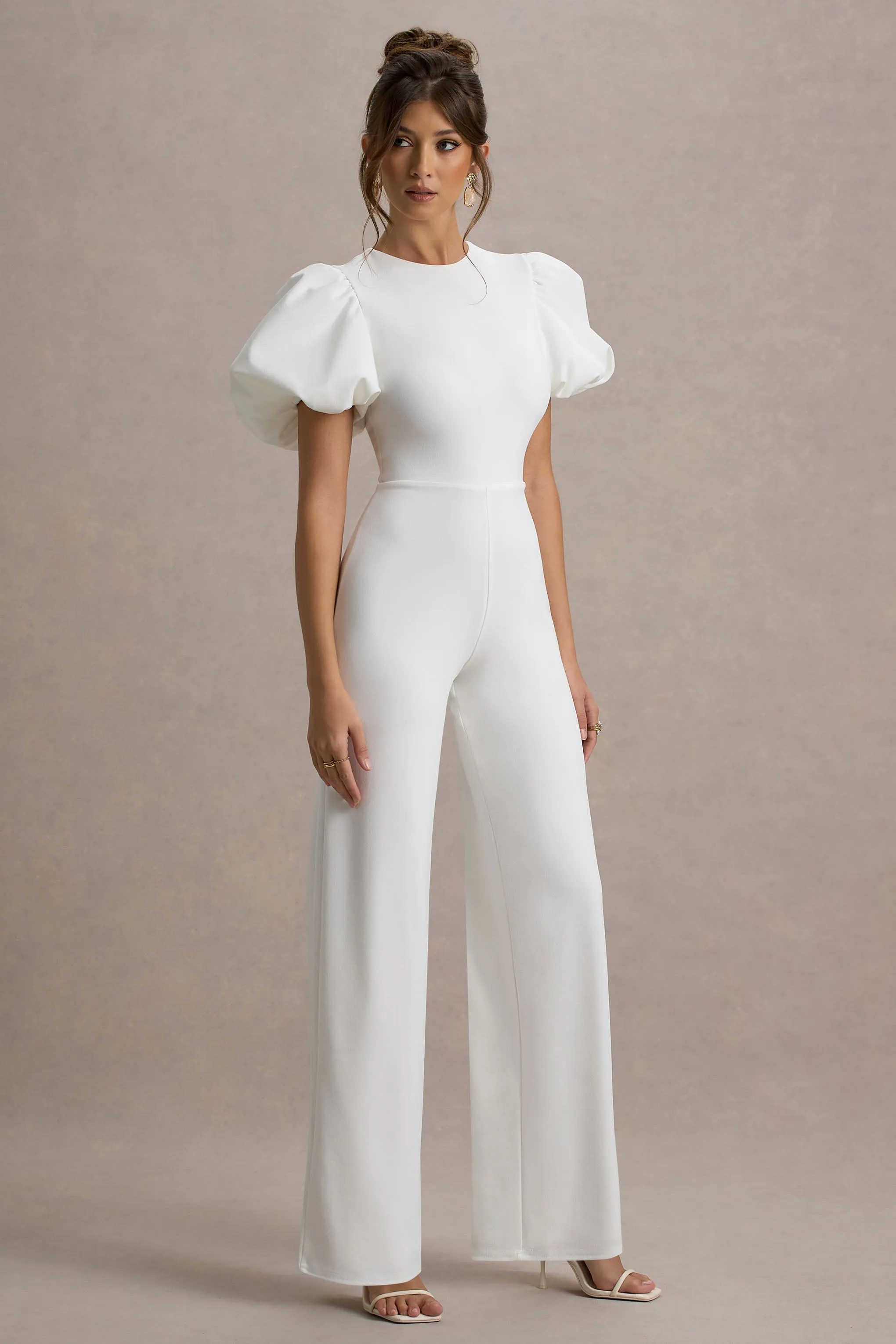 Dillon | White Puff-Sleeve Straight-Leg Jumpsuit Club L London