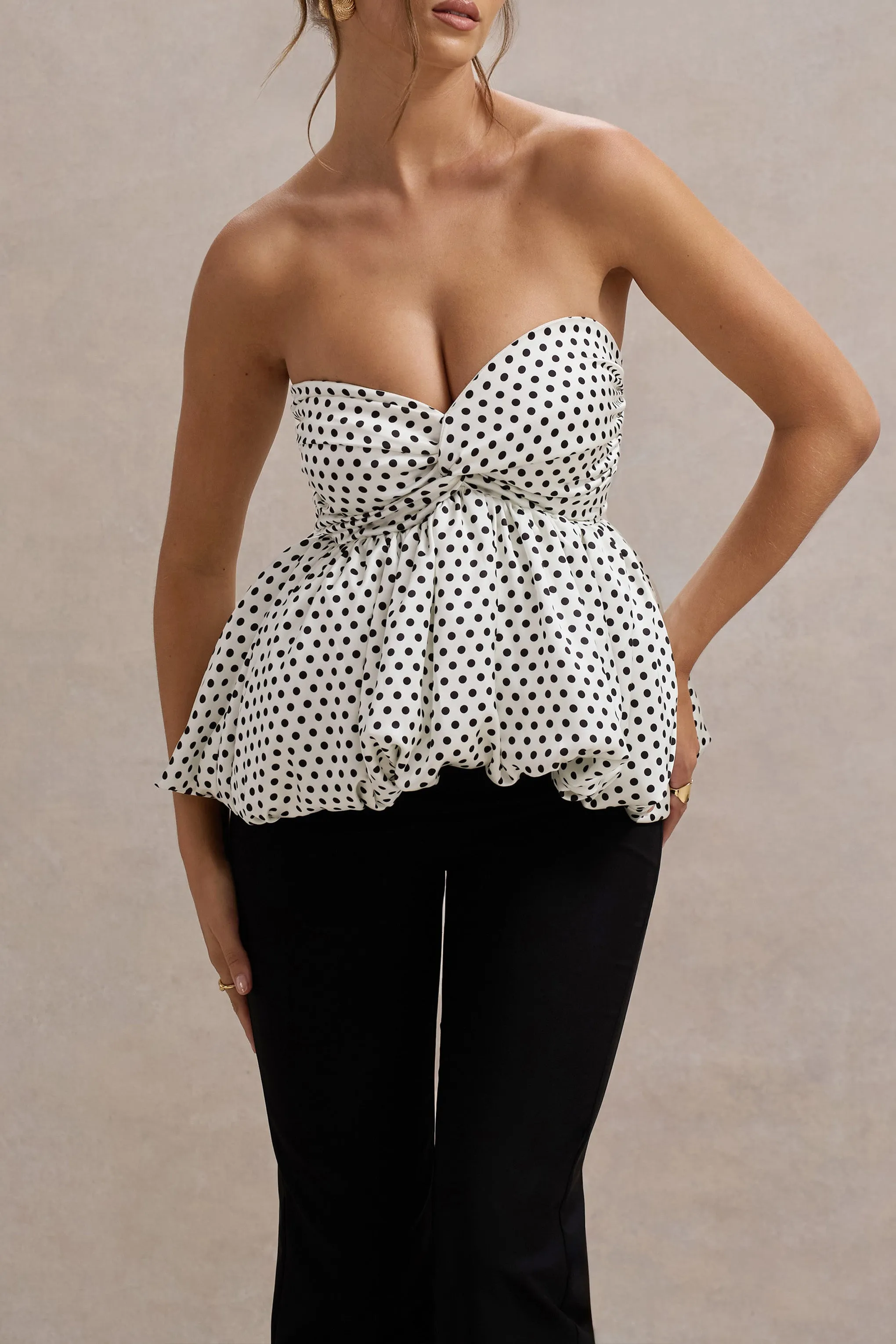 Divina | White & Black Polka Dot Strapless Ruffled Jumpsuit Club L London