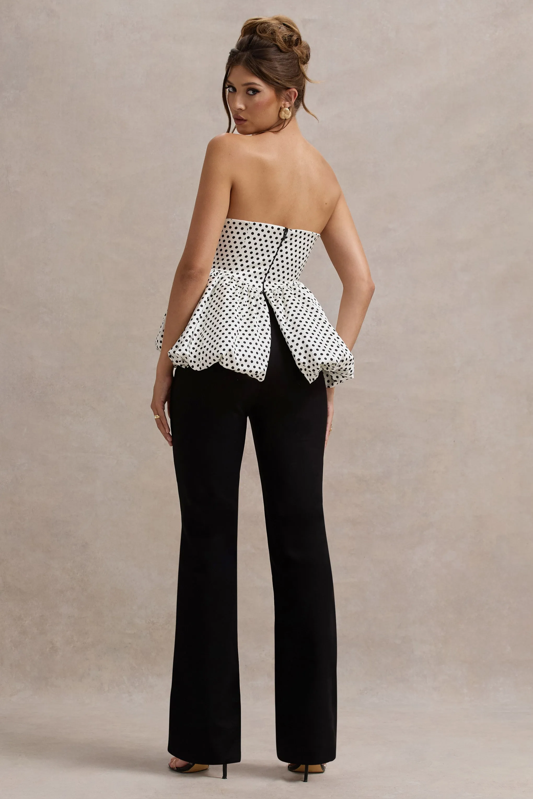 Divina | White & Black Polka Dot Strapless Ruffled Jumpsuit Club L London