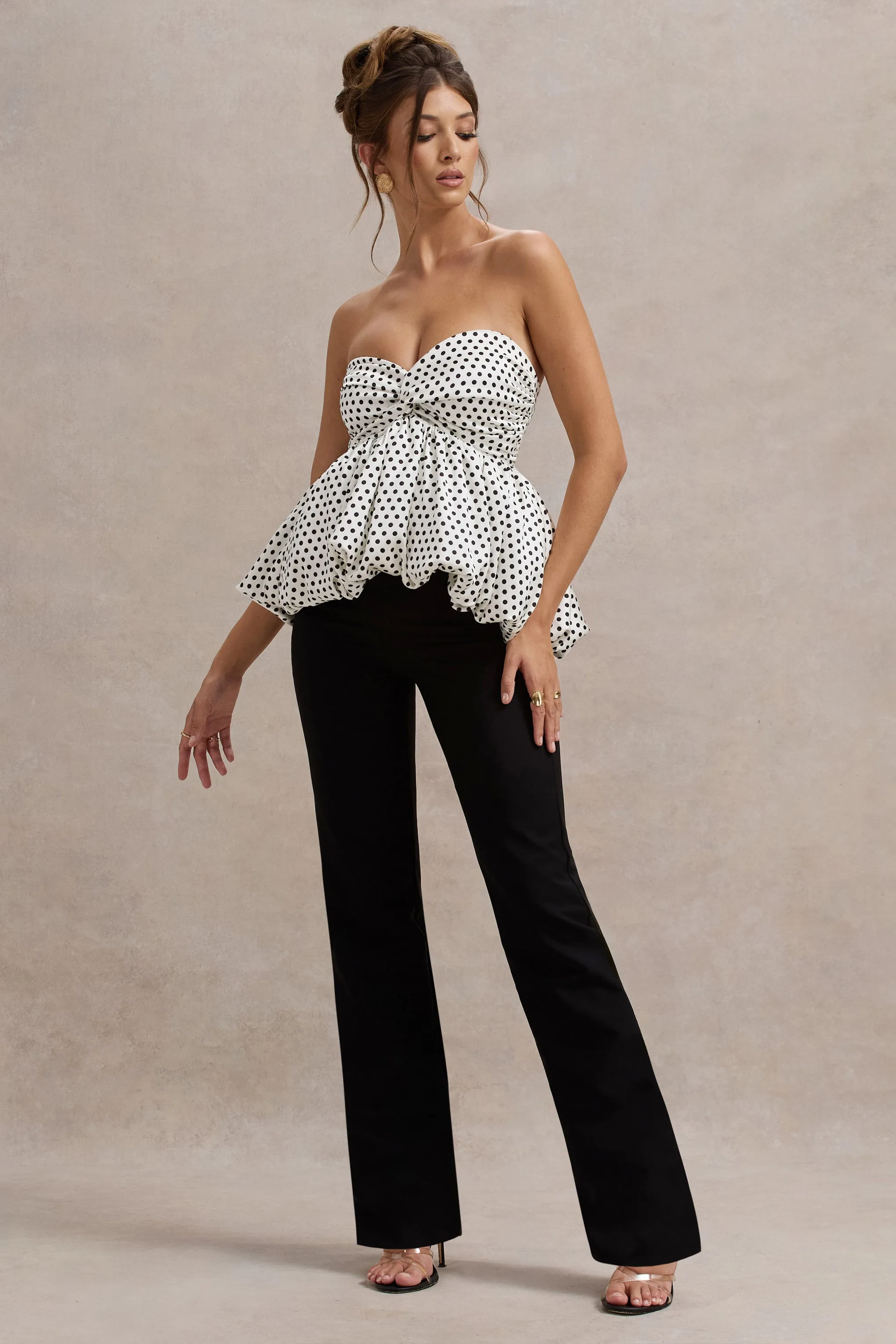 Divina | White & Black Polka Dot Strapless Ruffled Jumpsuit Club L London
