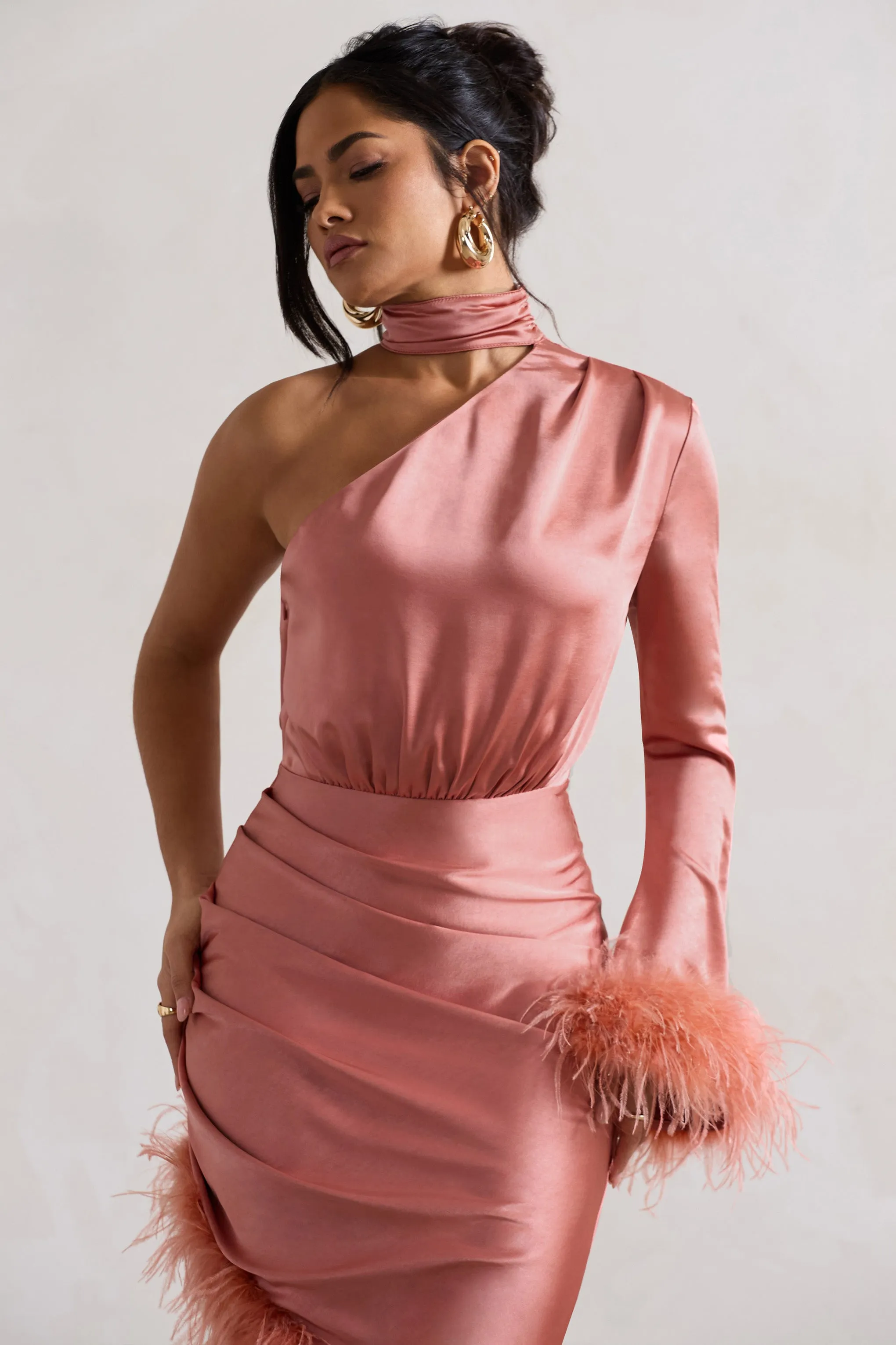 Dolce | Coral Satin Asymmetric One Sleeve Maxi Dress With Feather Trims Club L London