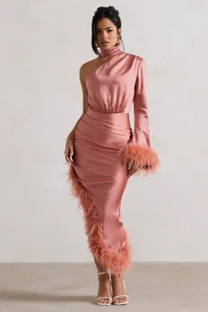 Dolce | Coral Satin Asymmetric One Sleeve Maxi Dress With Feather Trims Club L London