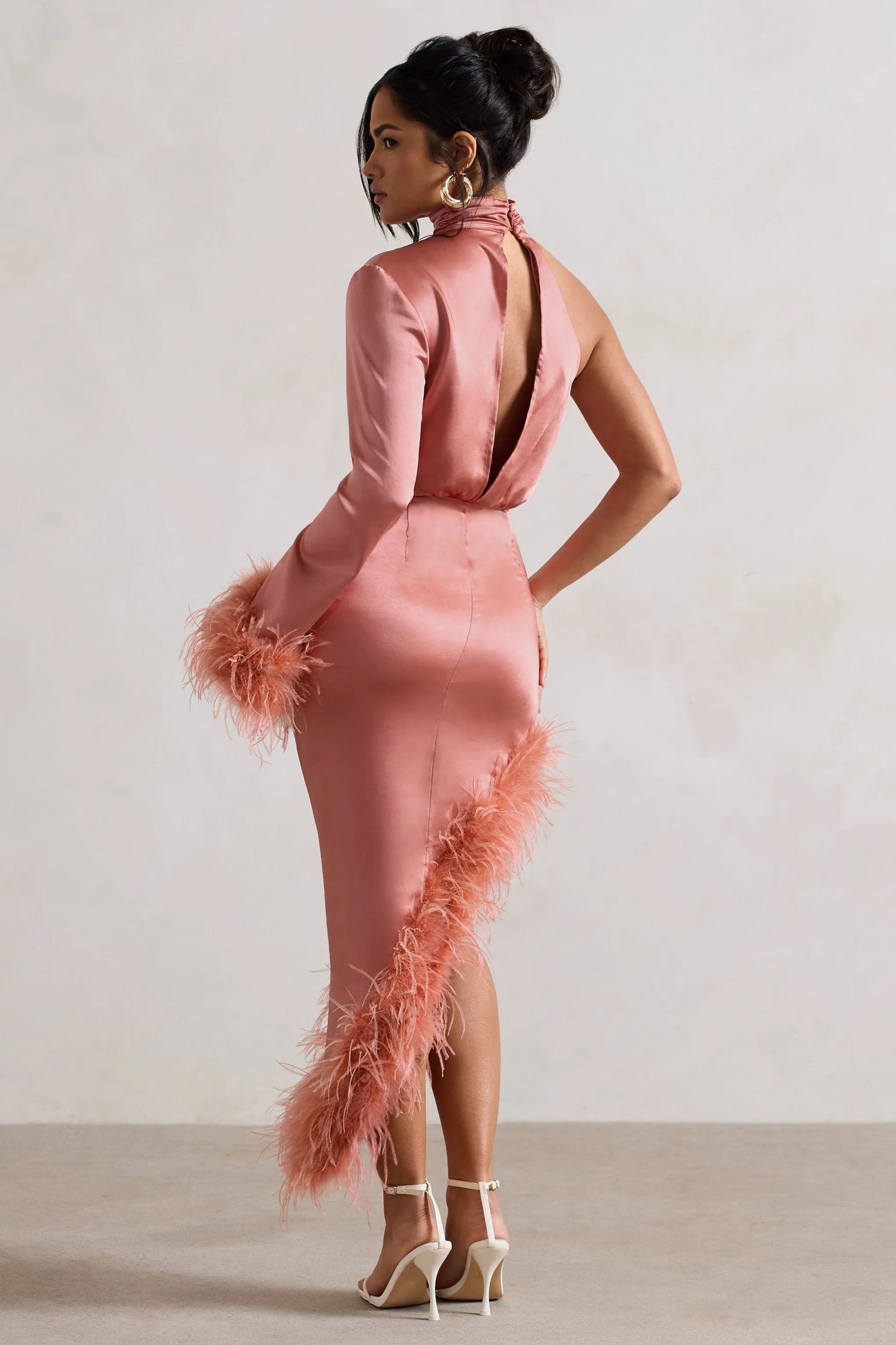 Dolce | Coral Satin Asymmetric One Sleeve Maxi Dress With Feather Trims Club L London