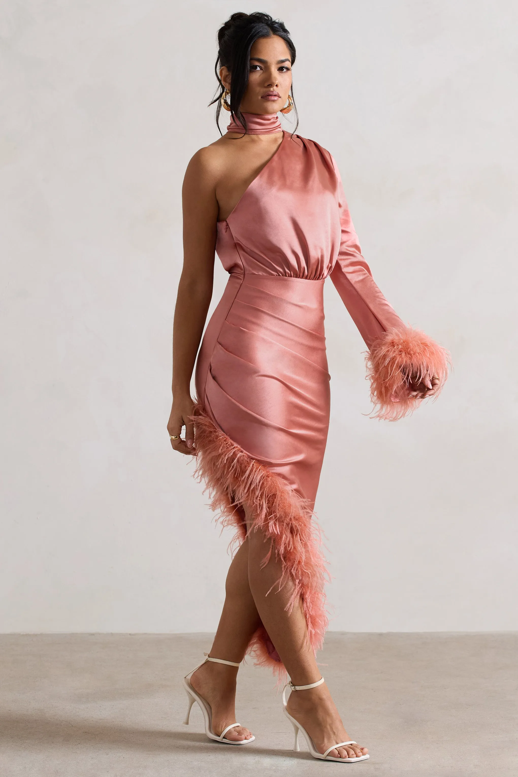 Dolce | Coral Satin Asymmetric One Sleeve Maxi Dress With Feather Trims Club L London