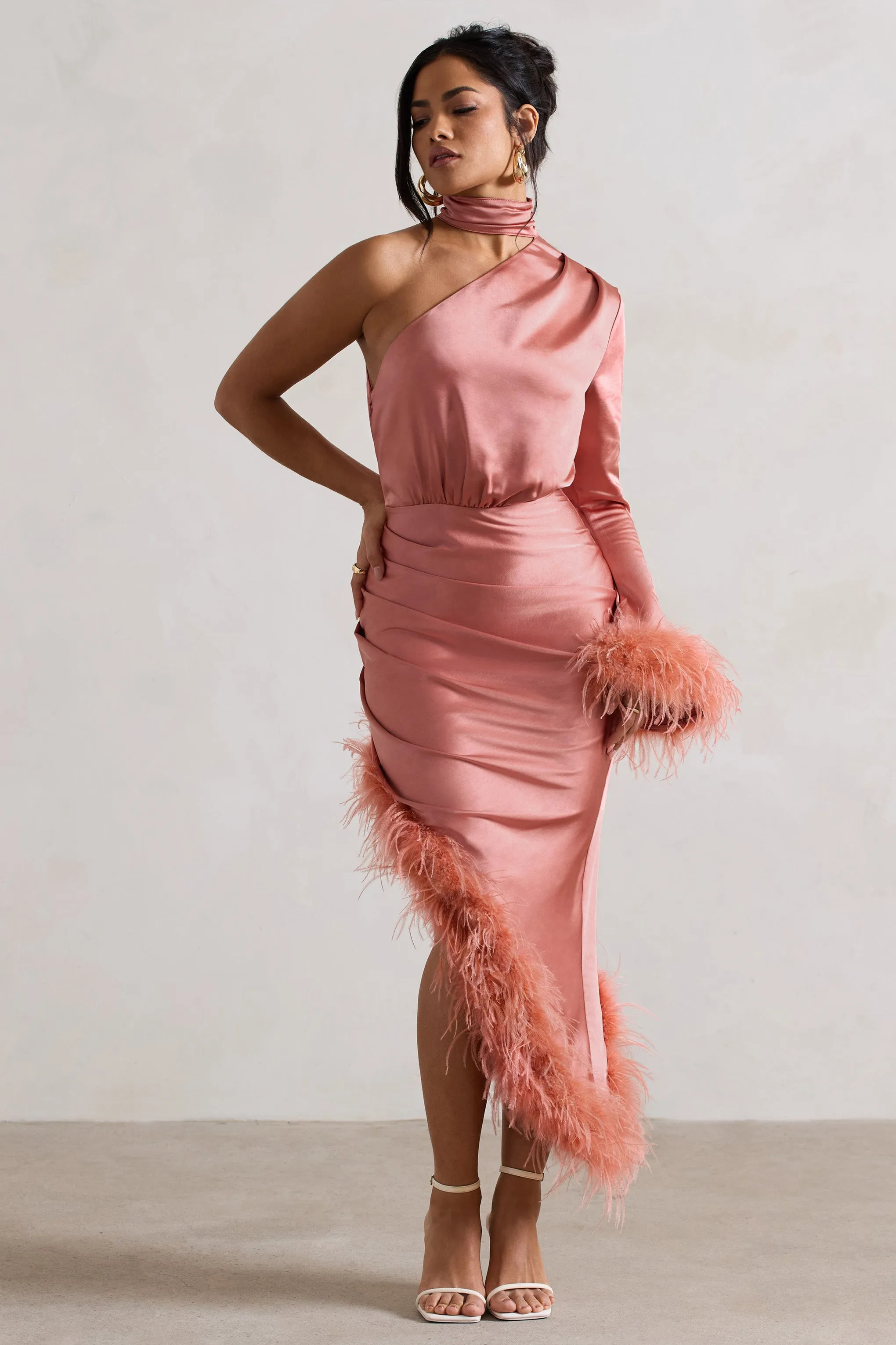 Dolce | Coral Satin Asymmetric One Sleeve Maxi Dress With Feather Trims Club L London