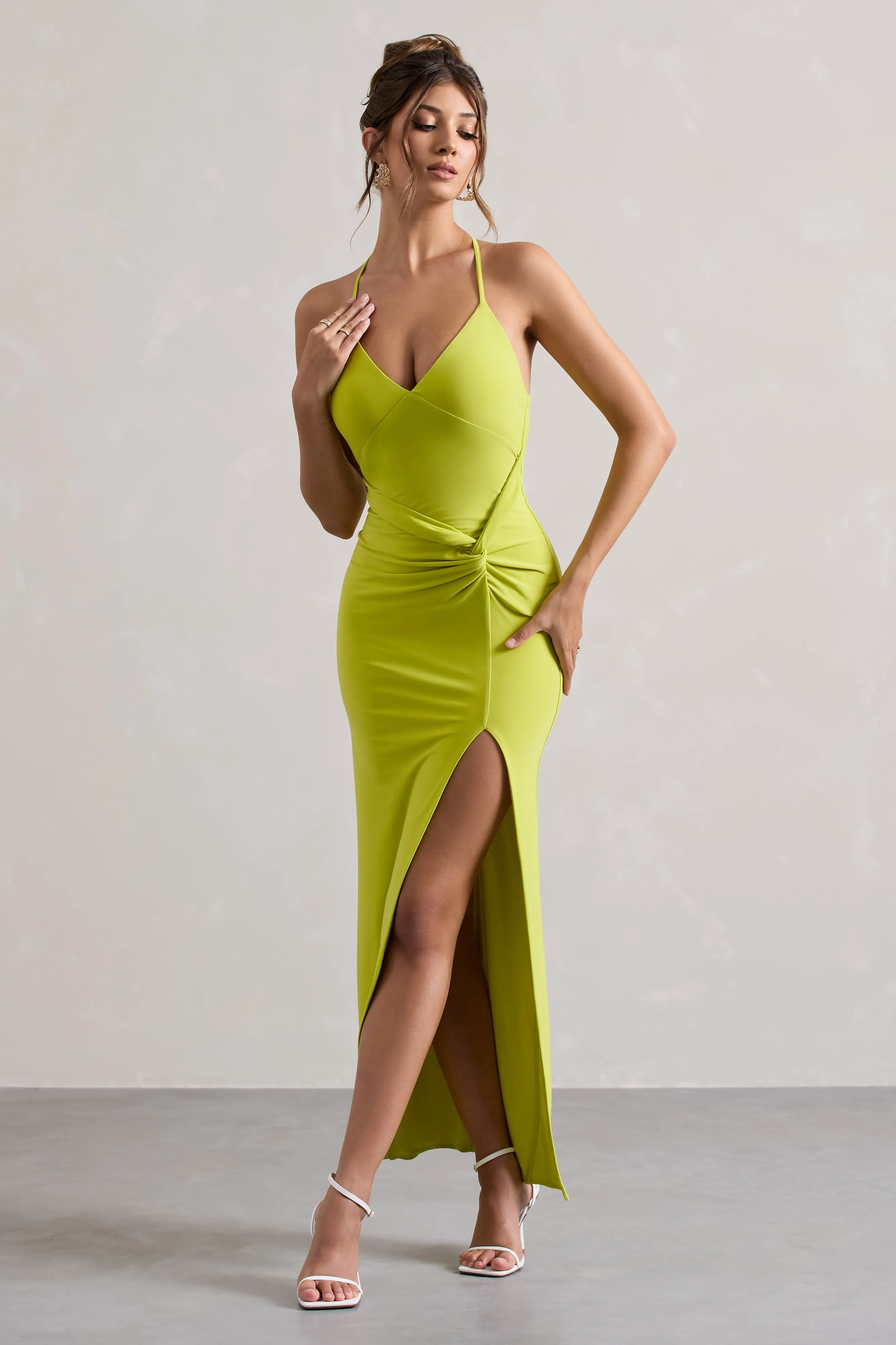 Domenica | Lime Green Halter-Neck Wrap Maxi Dress Club L London