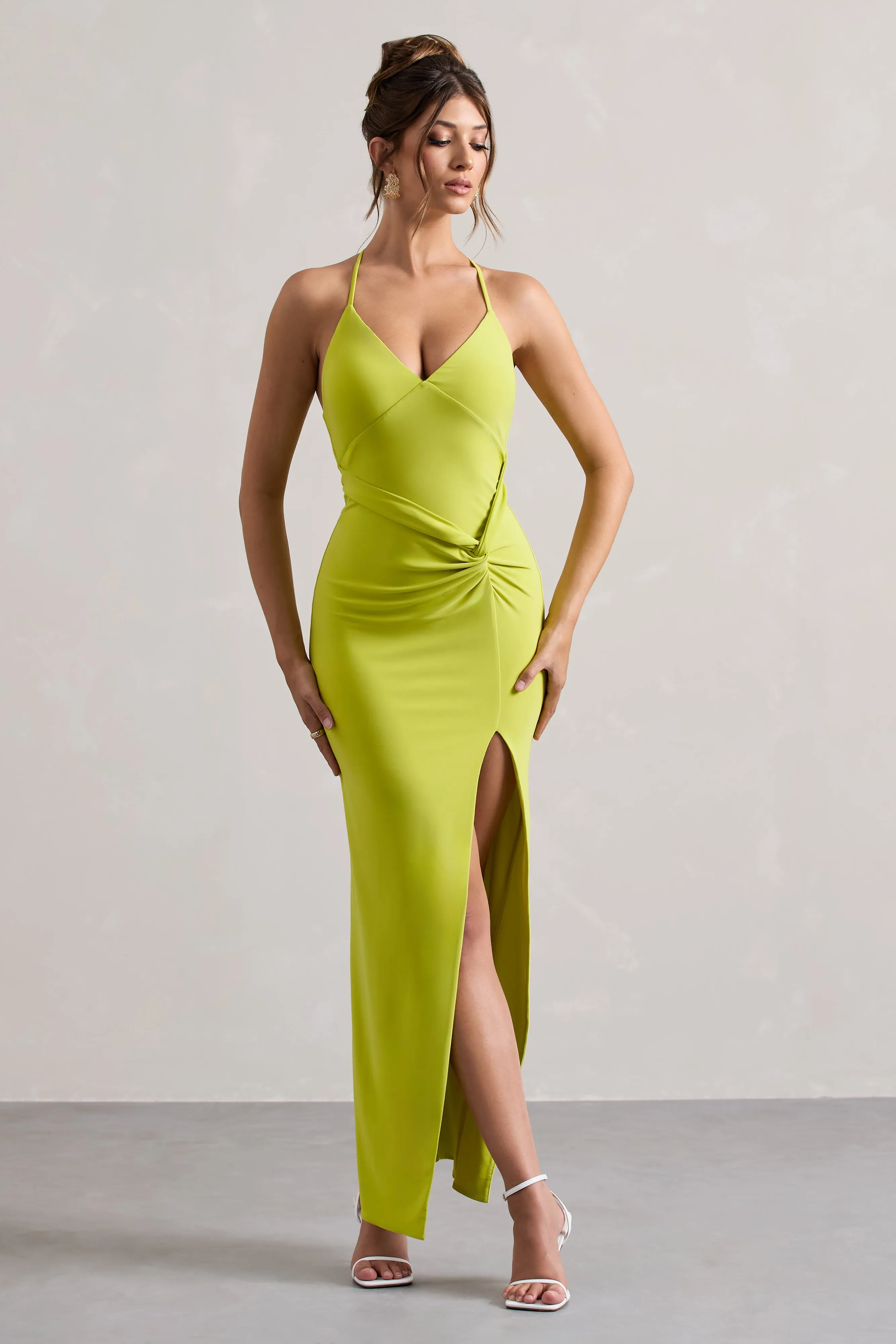 Domenica | Lime Green Halter-Neck Wrap Maxi Dress Club L London