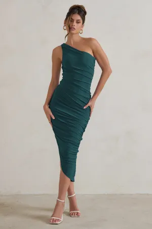 Dorit | Bottle Green One Shoulder Asymmetric Ruched Midi Dress Club L London