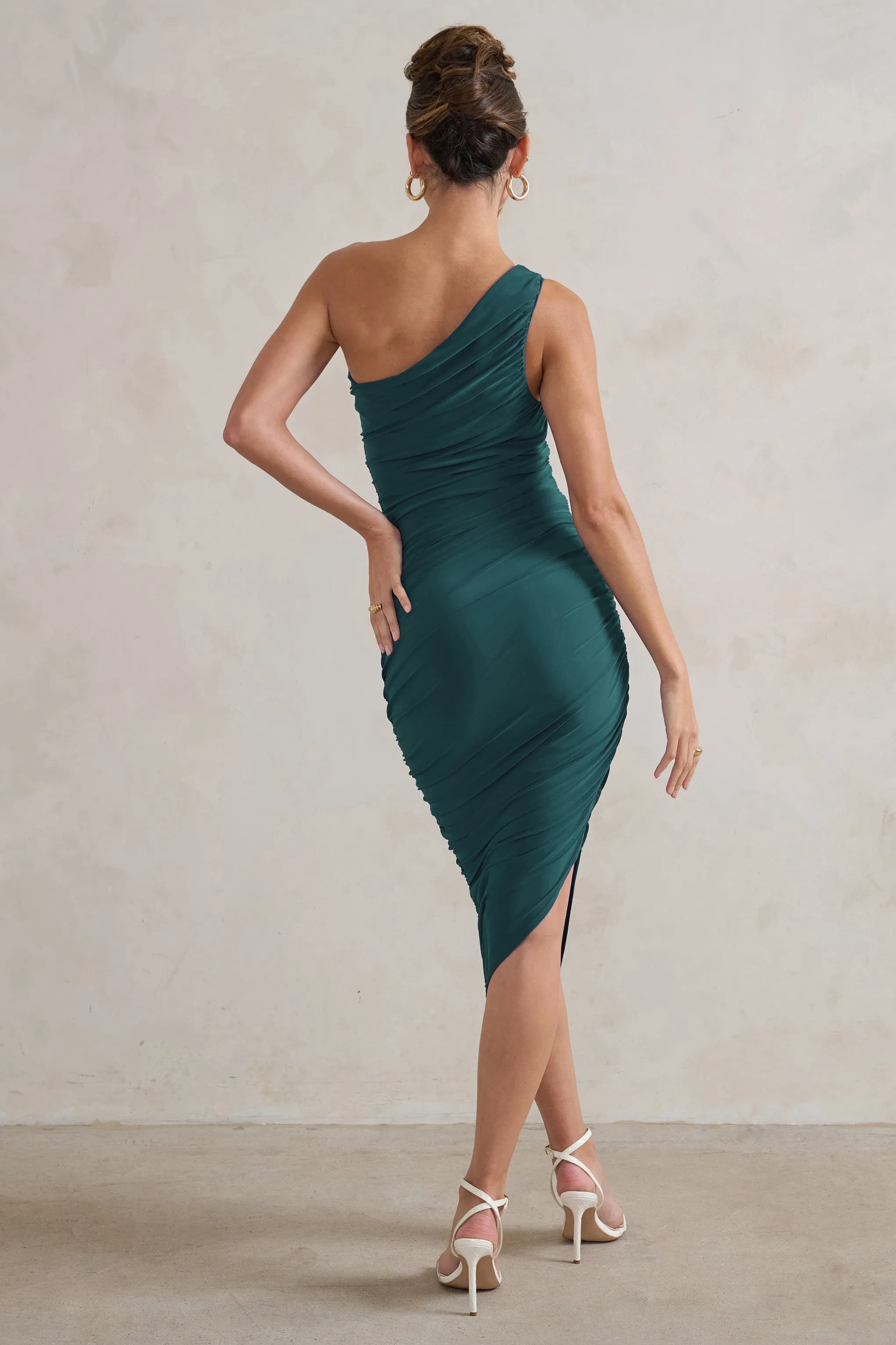 Dorit | Bottle Green One Shoulder Asymmetric Ruched Midi Dress Club L London