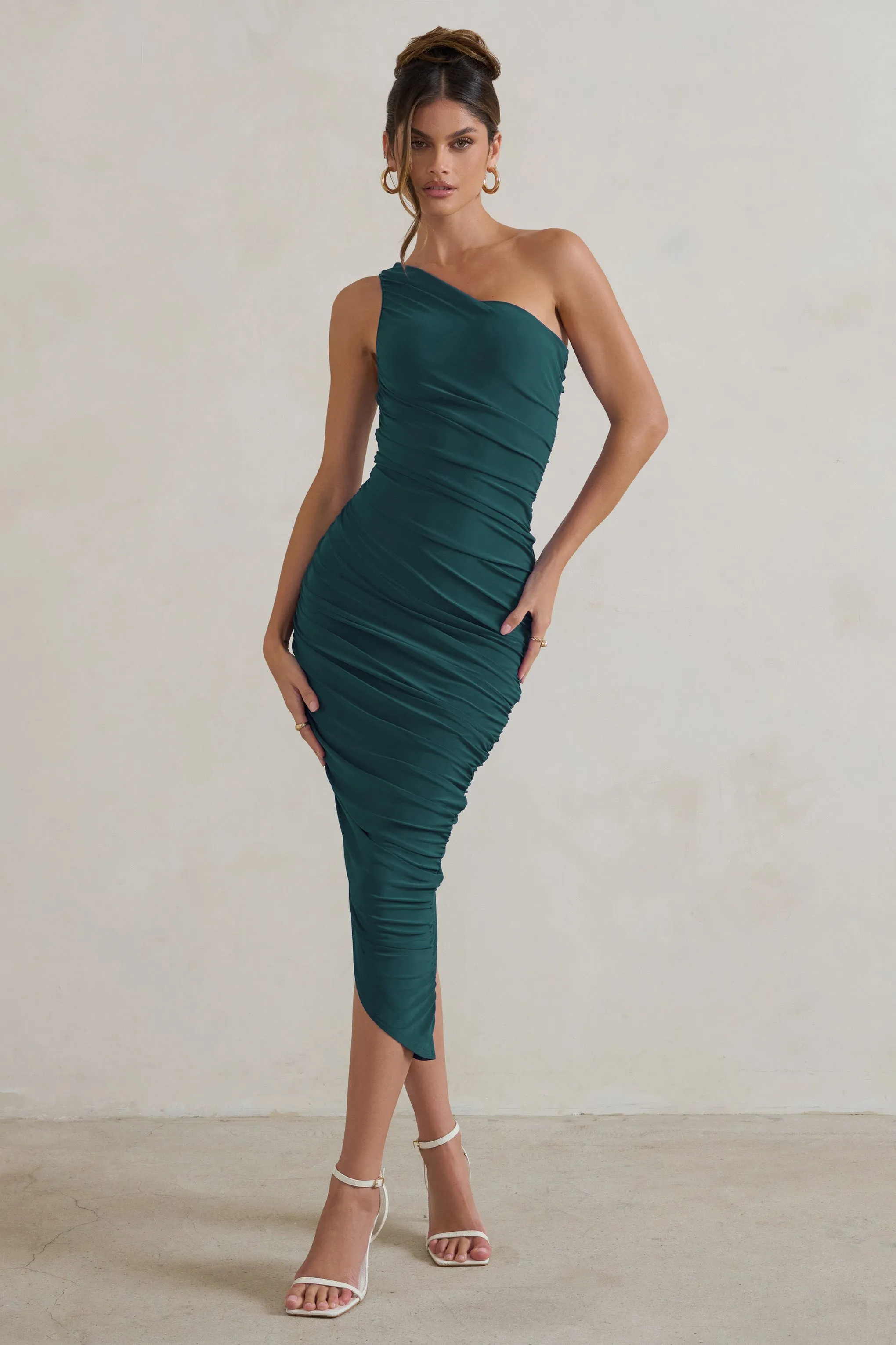 Dorit | Bottle Green One Shoulder Asymmetric Ruched Midi Dress Club L London