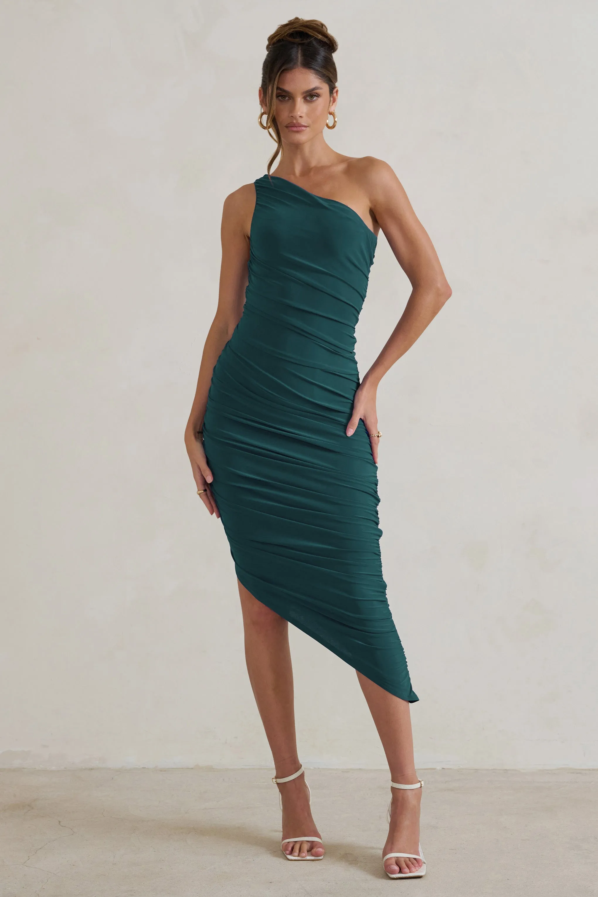 Dorit | Bottle Green One Shoulder Asymmetric Ruched Midi Dress Club L London