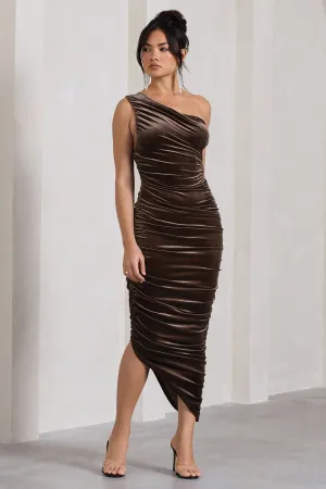 Dorit | Chocolate Velvet One Shoulder Asymmetric Ruched Midi Dress Club L London
