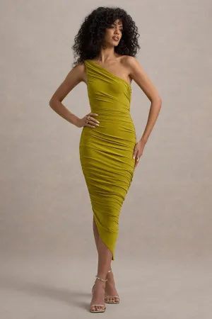 Dorit | Green One Shoulder Asymmetric Ruched Midi Dress Club L London