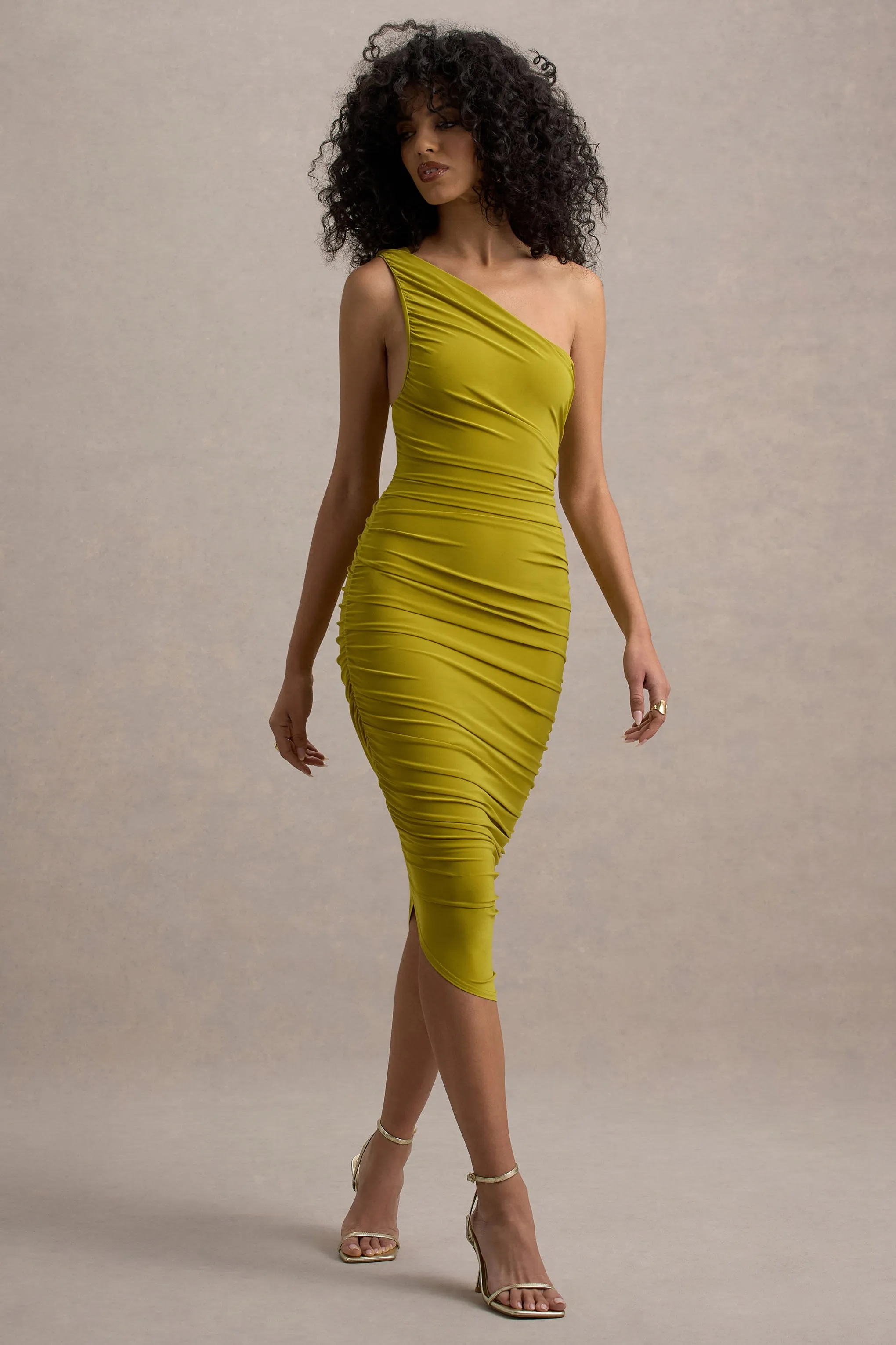 Dorit | Green One Shoulder Asymmetric Ruched Midi Dress Club L London